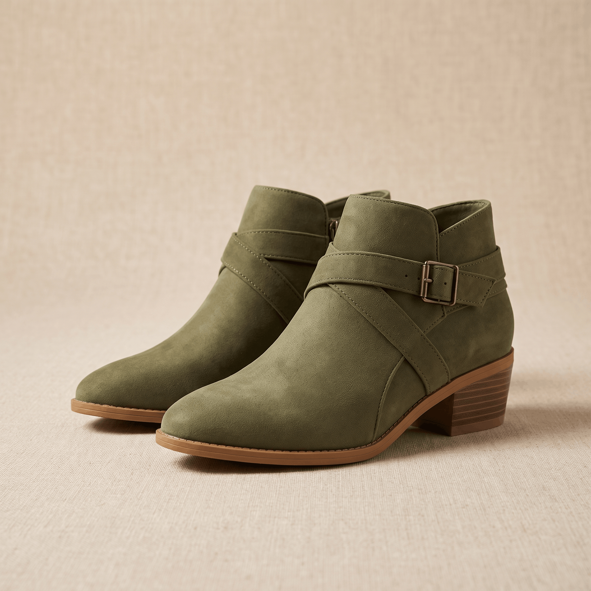 Pair of green suede ankle boots with buckle details on a neutral background.