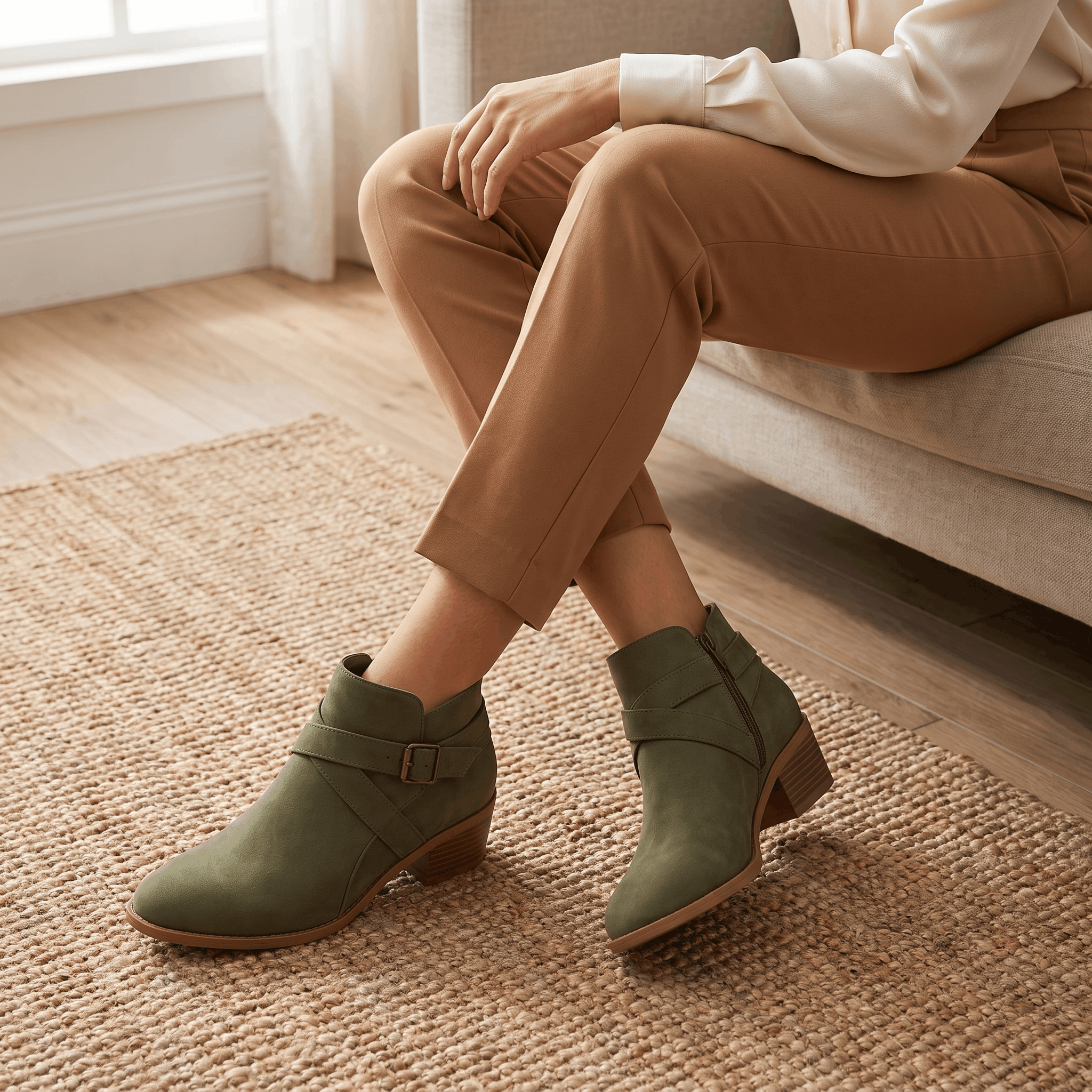 Close-up of green suede ankle boots worn with beige trousers.