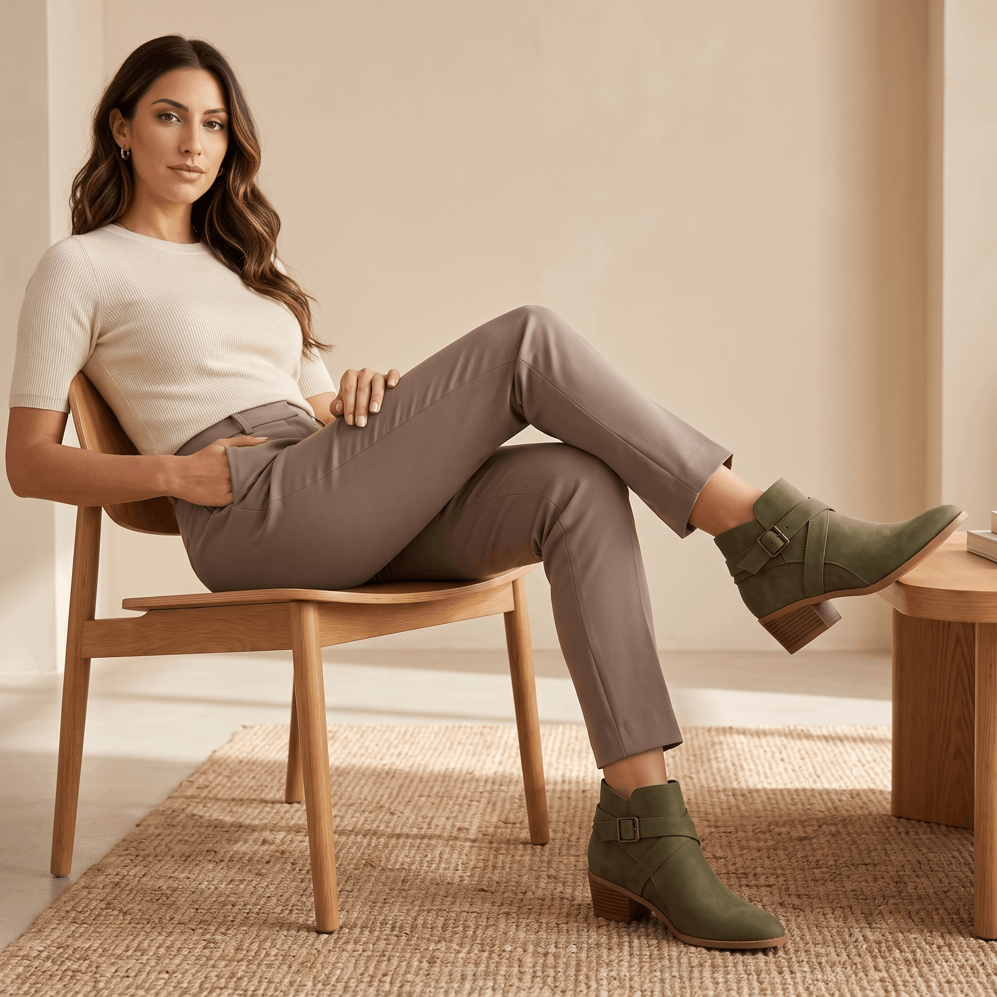 Woman seated wearing green suede ankle boots.
