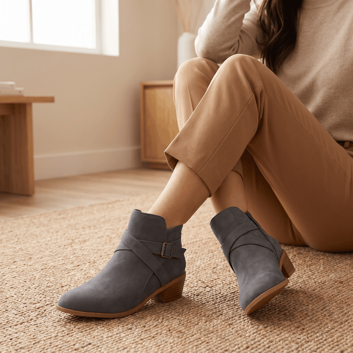 Close-up of gray suede ankle boots worn with beige trousers.