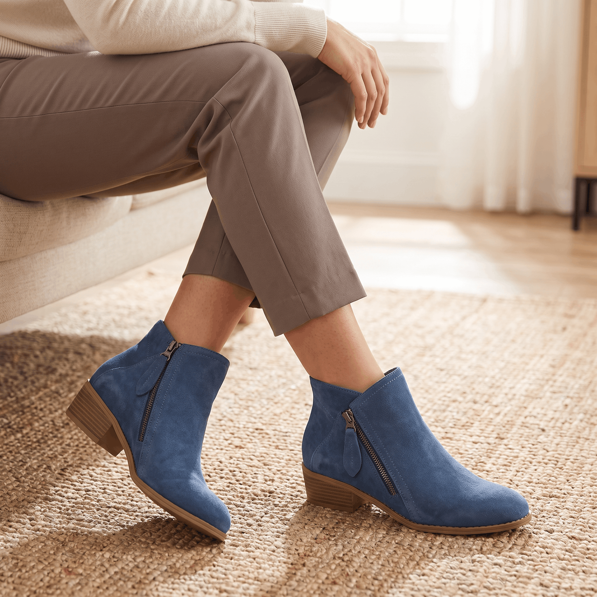 Close-up of blue suede ankle boots worn with beige trousers.