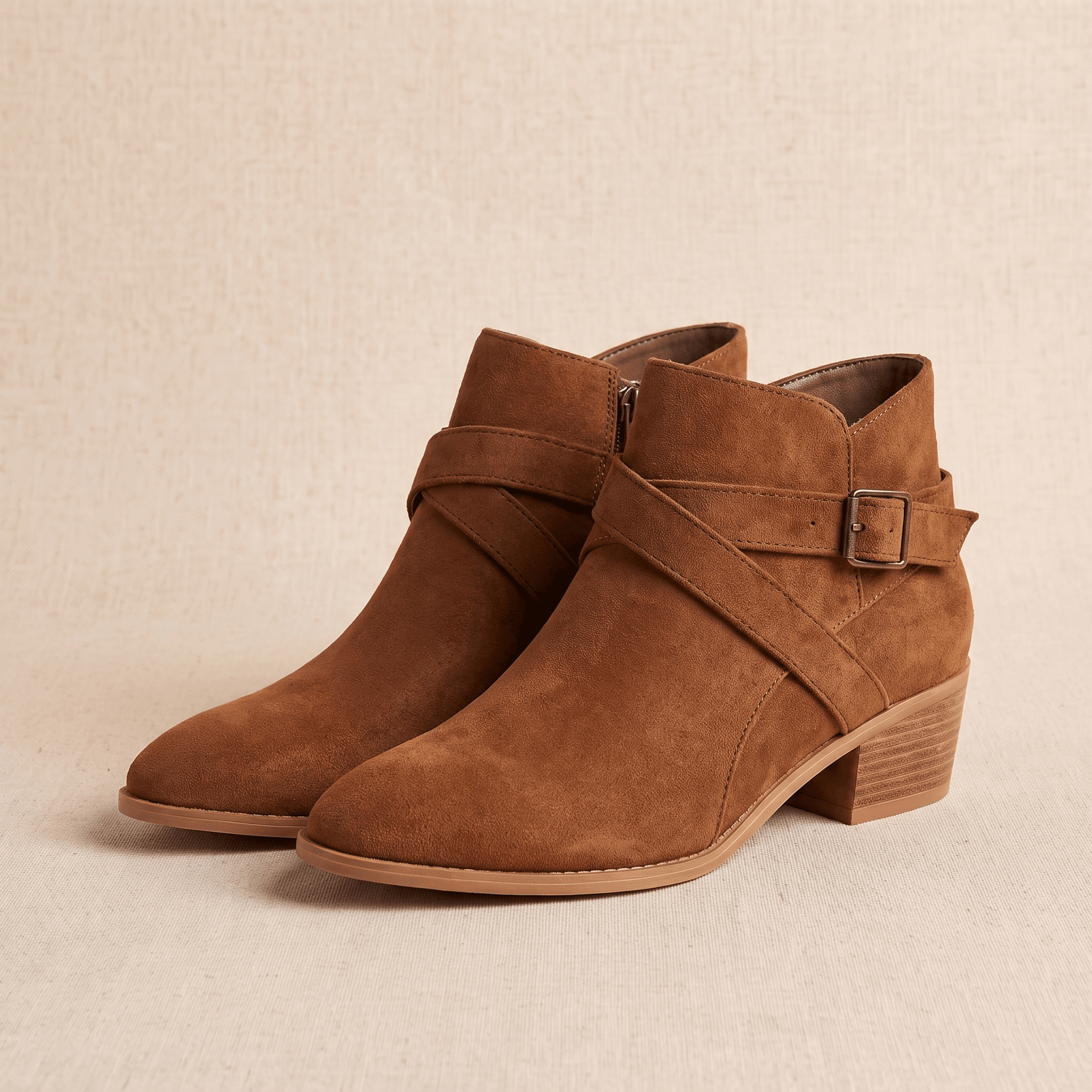 Pair of brown suede ankle boots with side buckle on a neutral background.