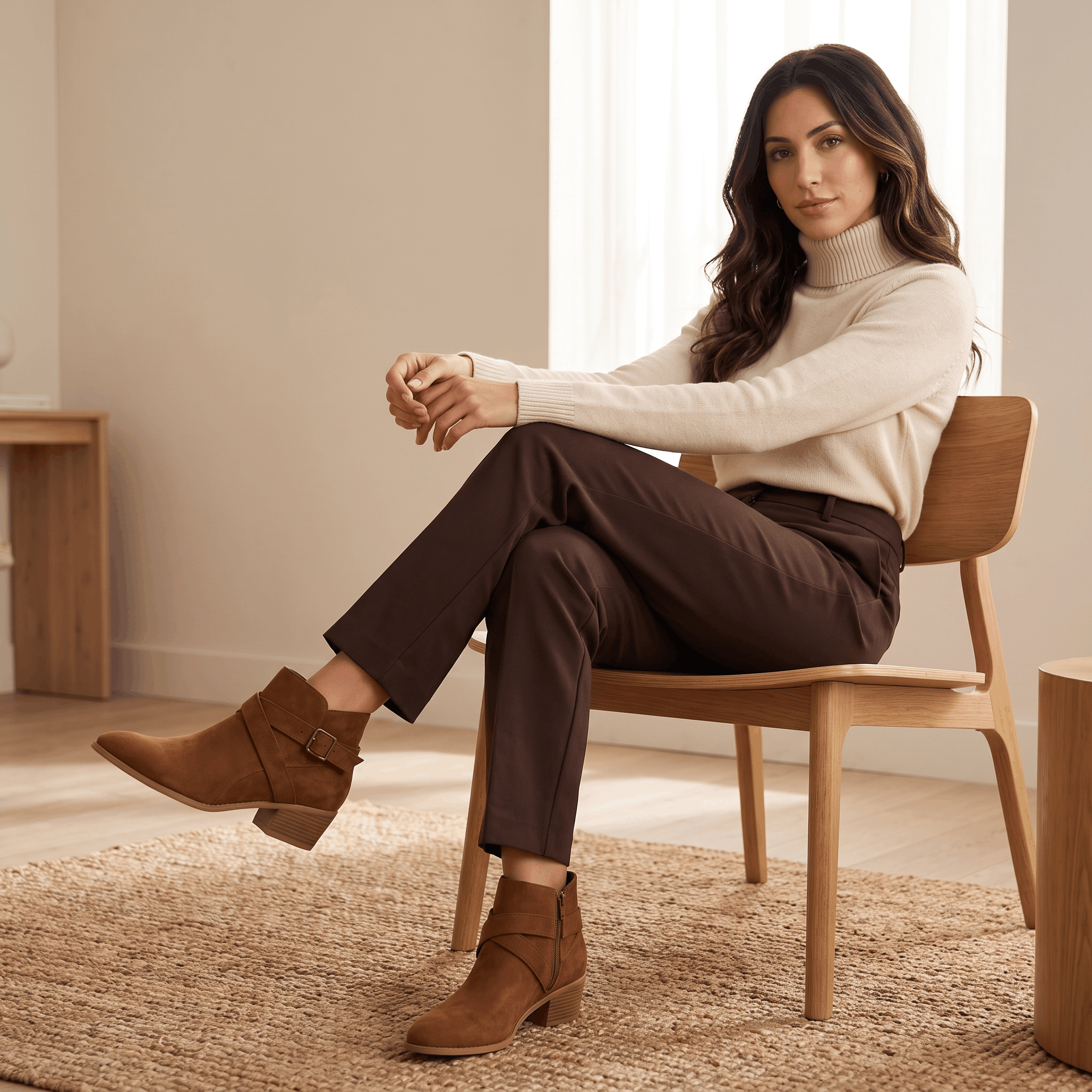 Woman wearing brown ankle boots while seated indoors.