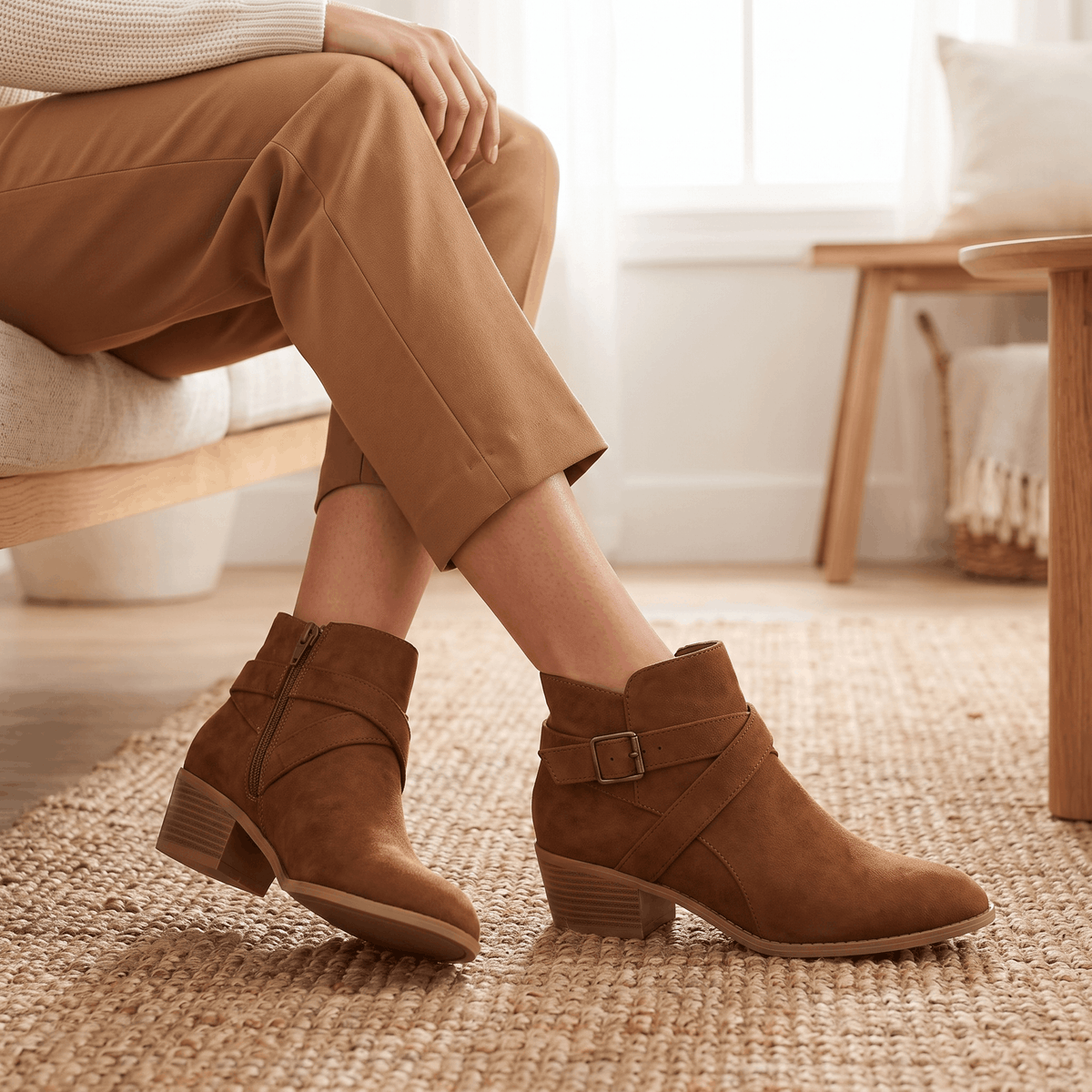 Close-up of brown ankle boots worn with tan trousers.