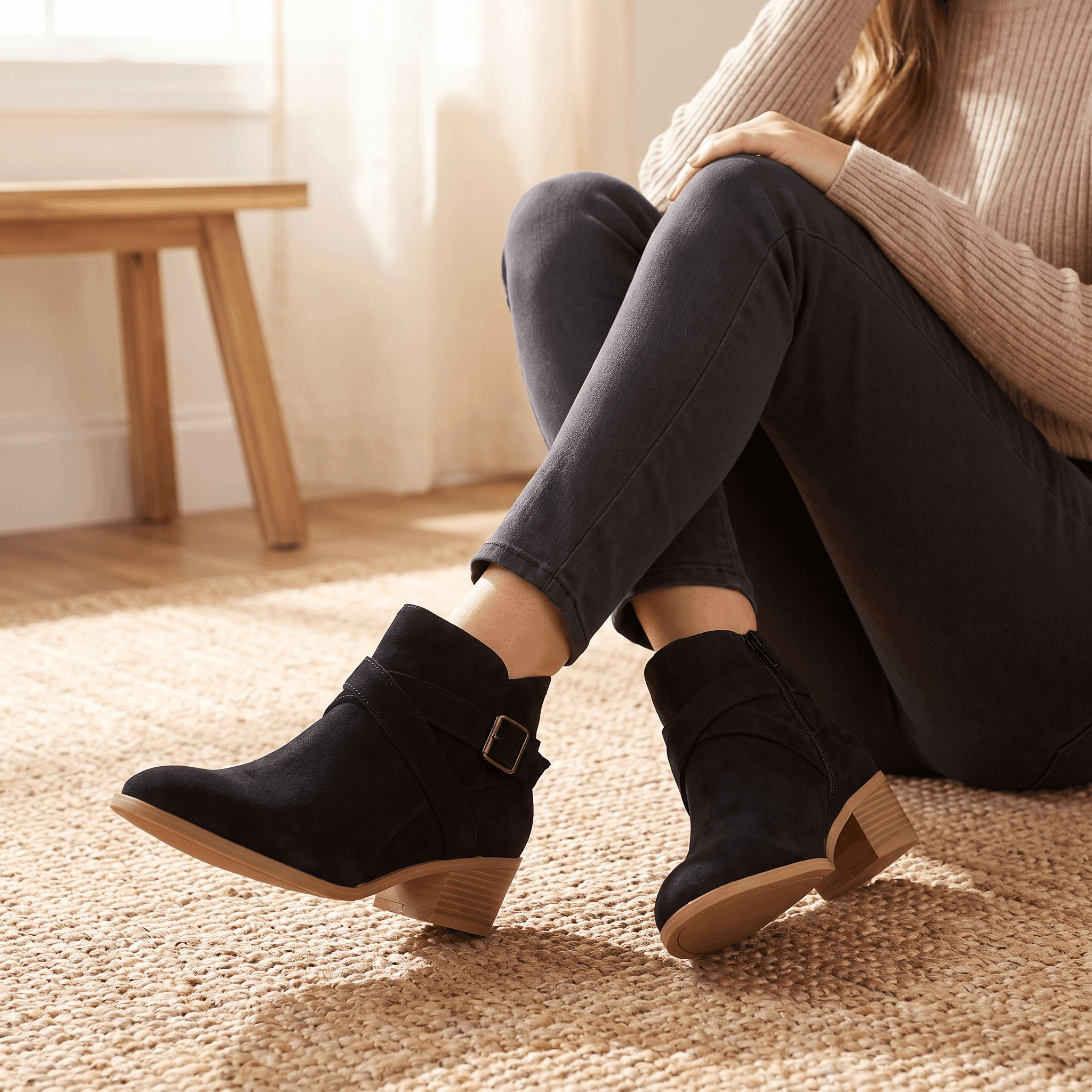 Woman wearing black ankle boots while seated indoors.