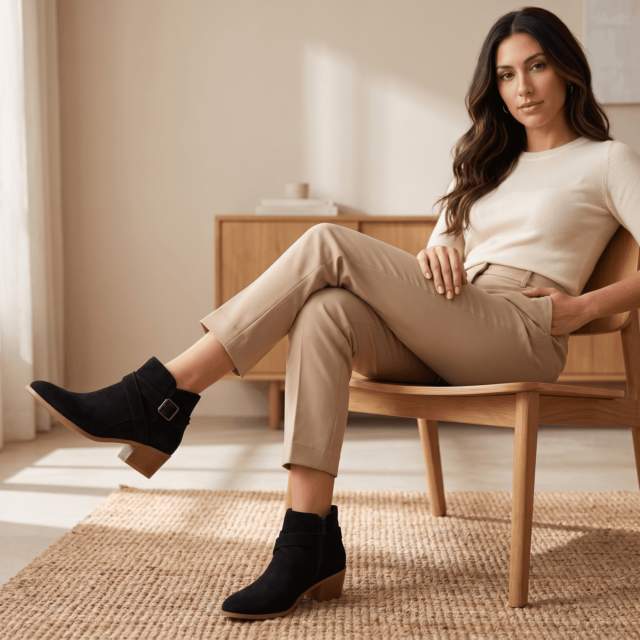 Woman seated in a chair wearing black ankle boots.