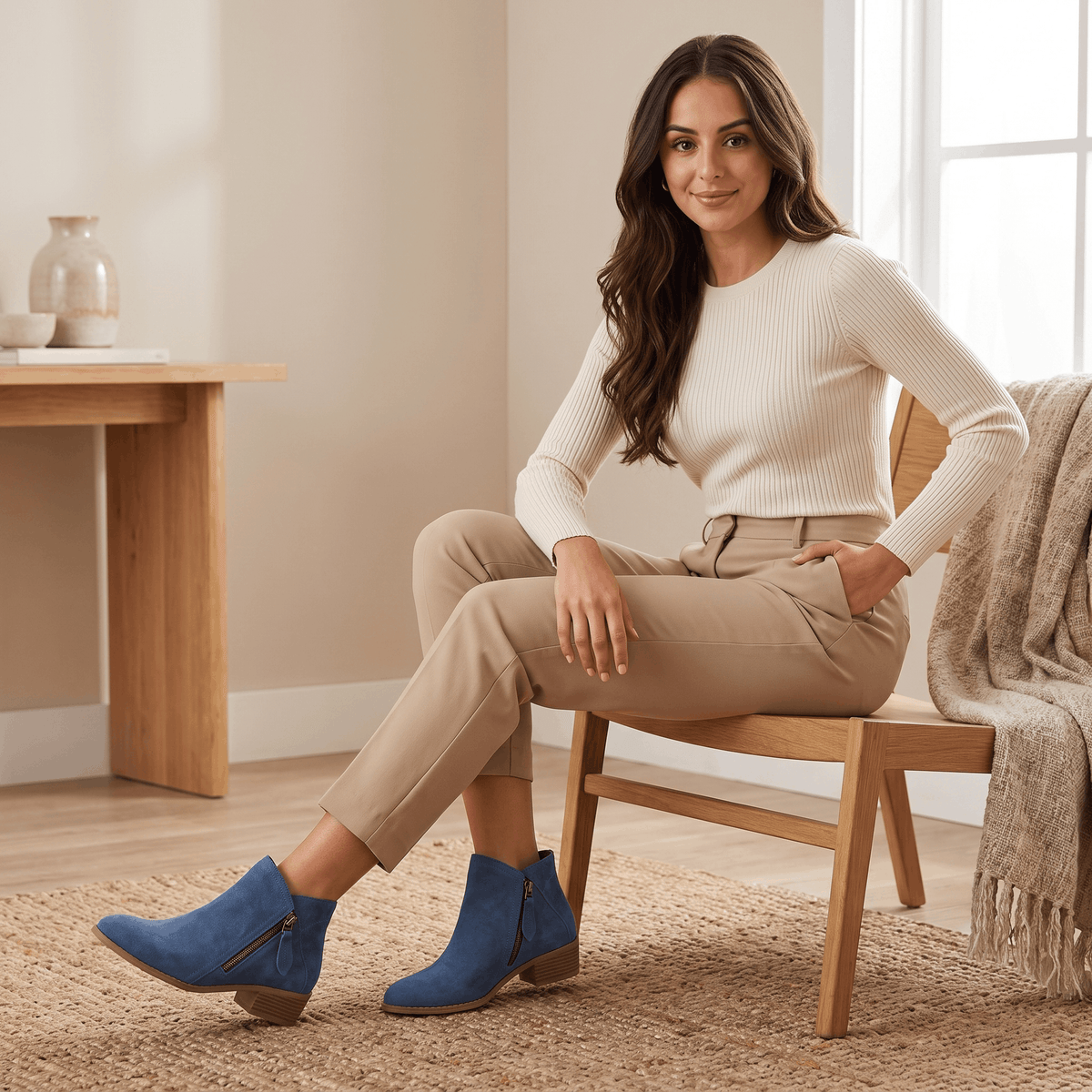 Woman seated on a chair wearing blue suede ankle boots.