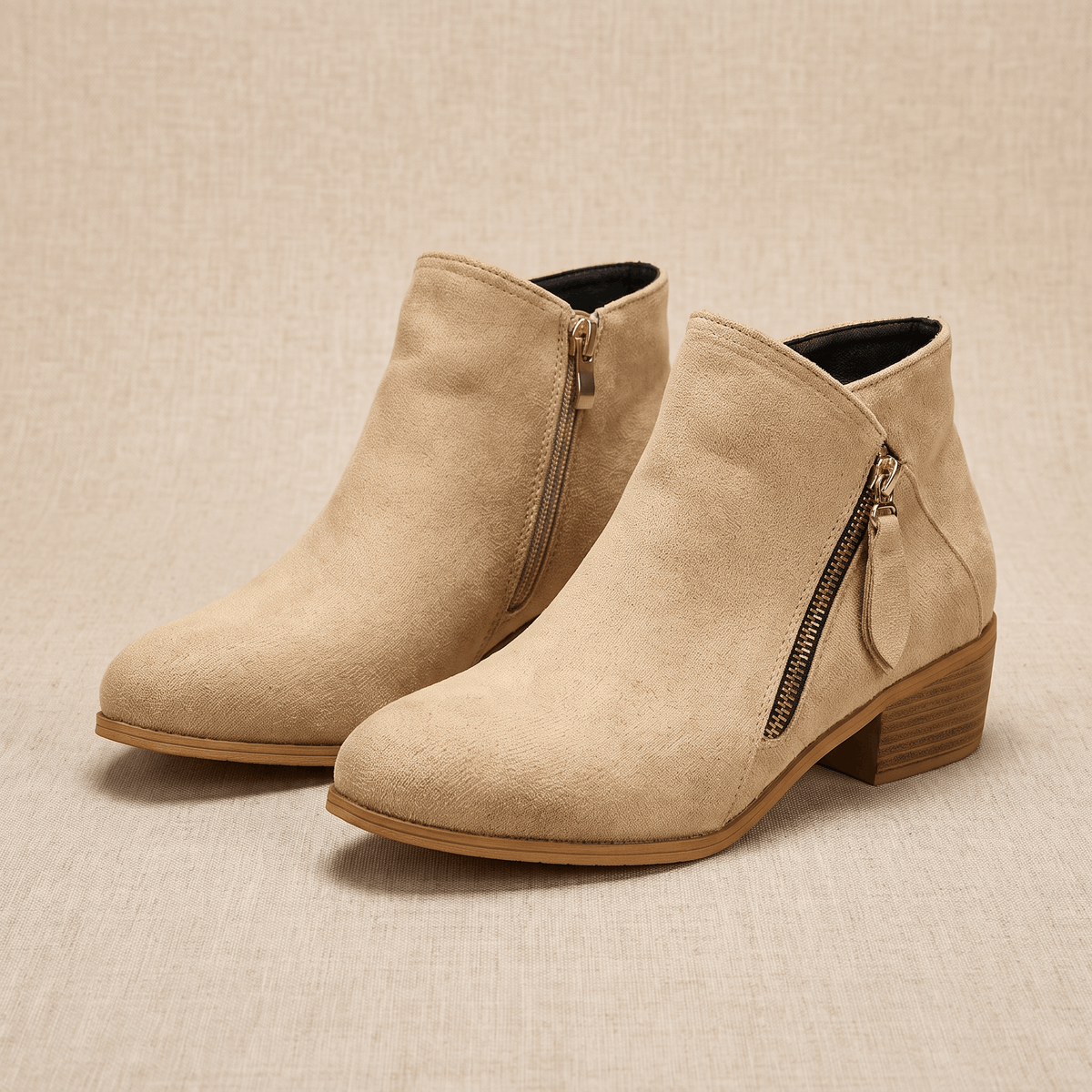 Pair of beige suede ankle boots with side zippers on a neutral background.