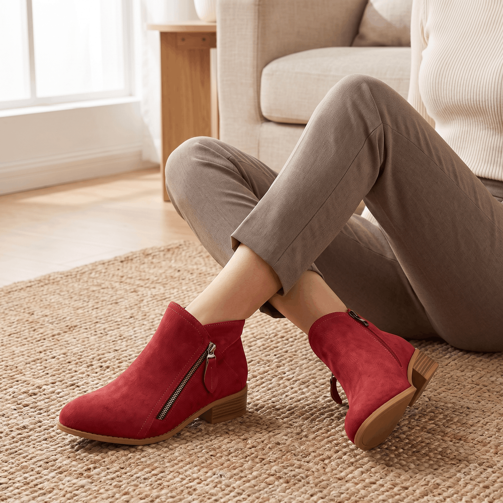 Woman wearing red suede ankle boots with beige trousers.