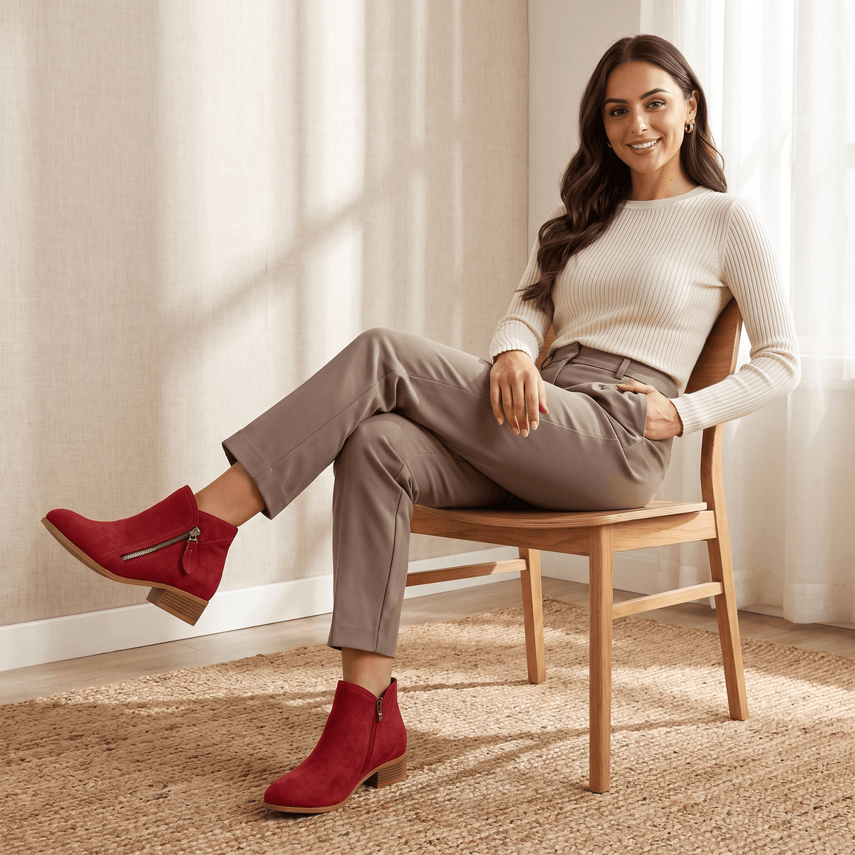 Woman seated on a chair wearing red suede ankle boots.