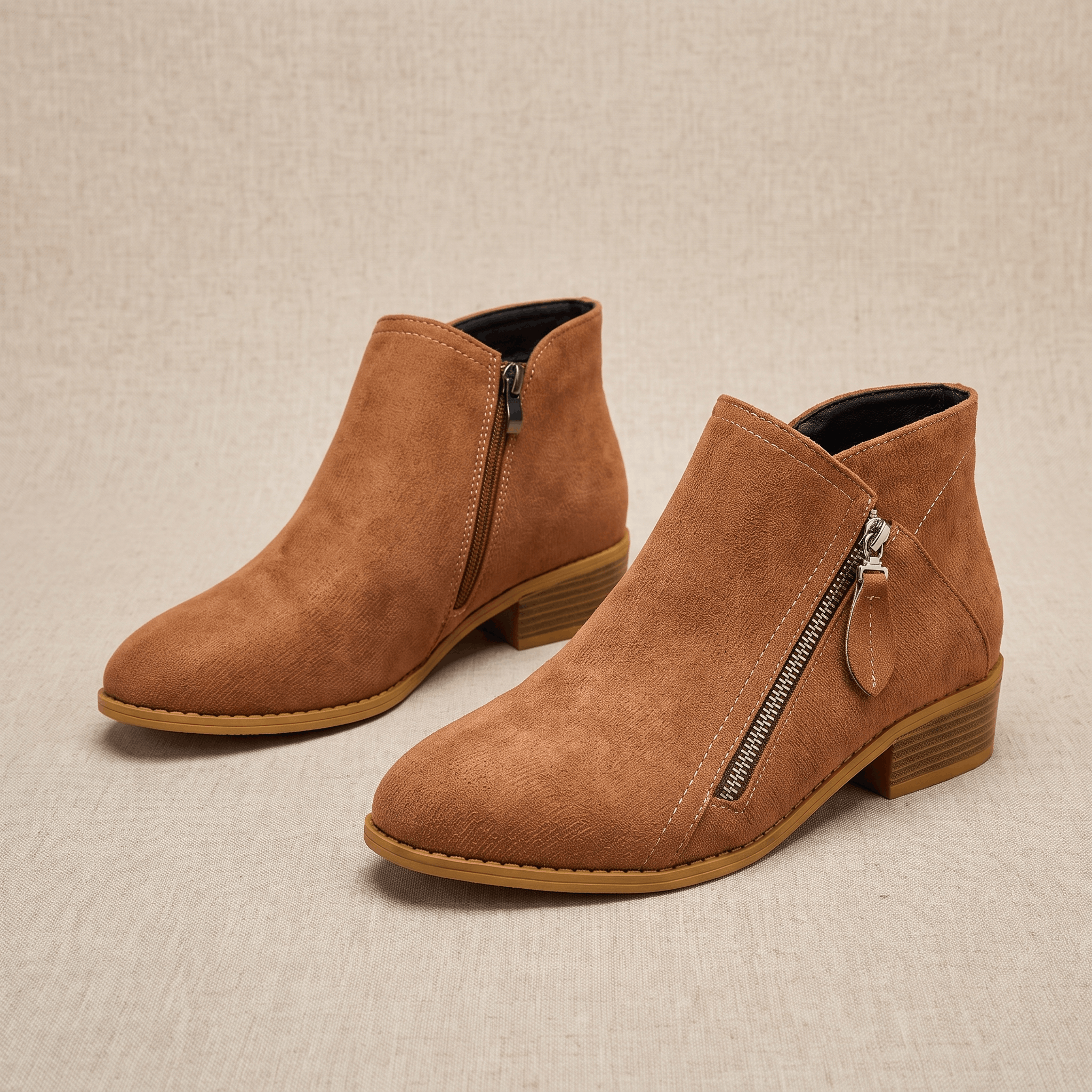 Pair of brown suede ankle boots with side zippers on a neutral background.
