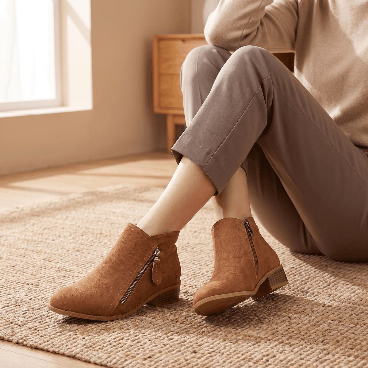 Woman wearing brown suede ankle boots with beige trousers.
