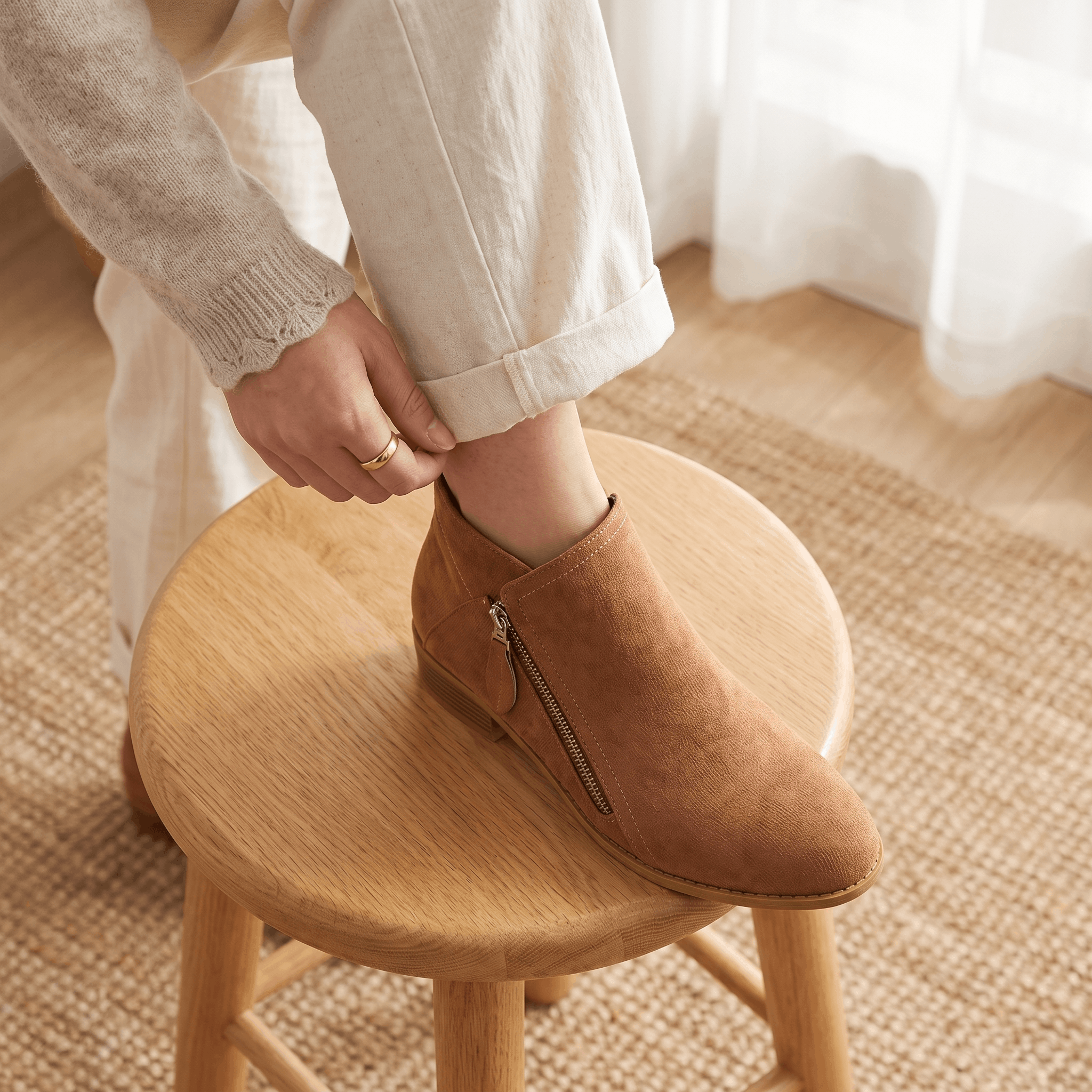 Close-up of brown suede ankle boots worn while seated.