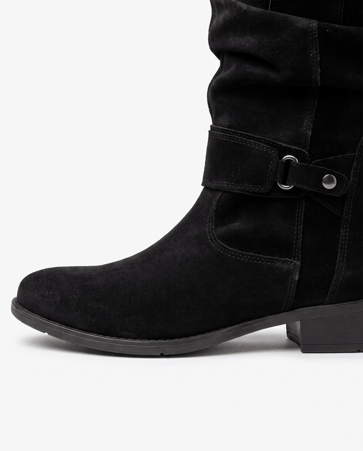 Close-up of the strap detail and round toe on black suede