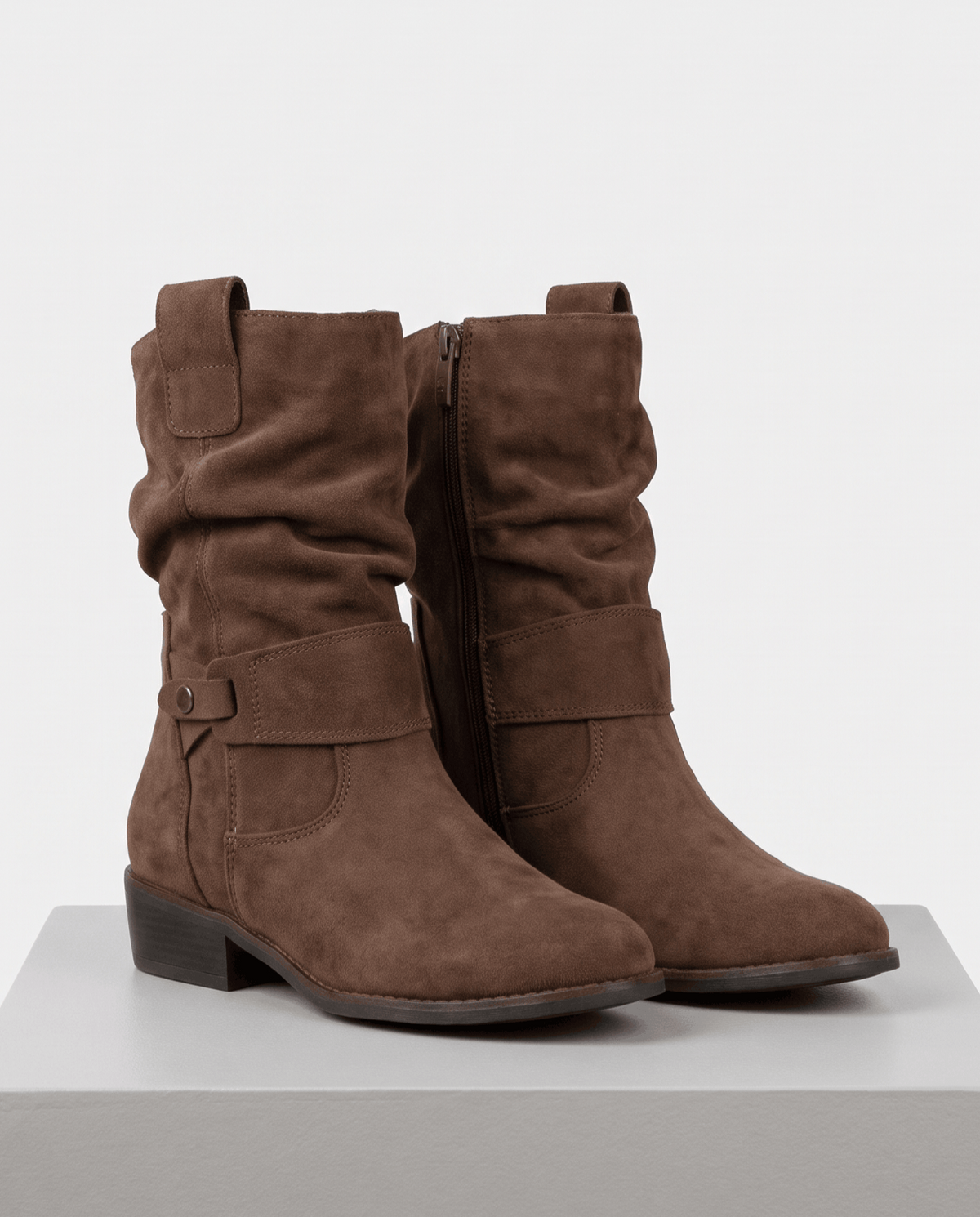 Women's suede slouch ankle boots in brown with a low block heel