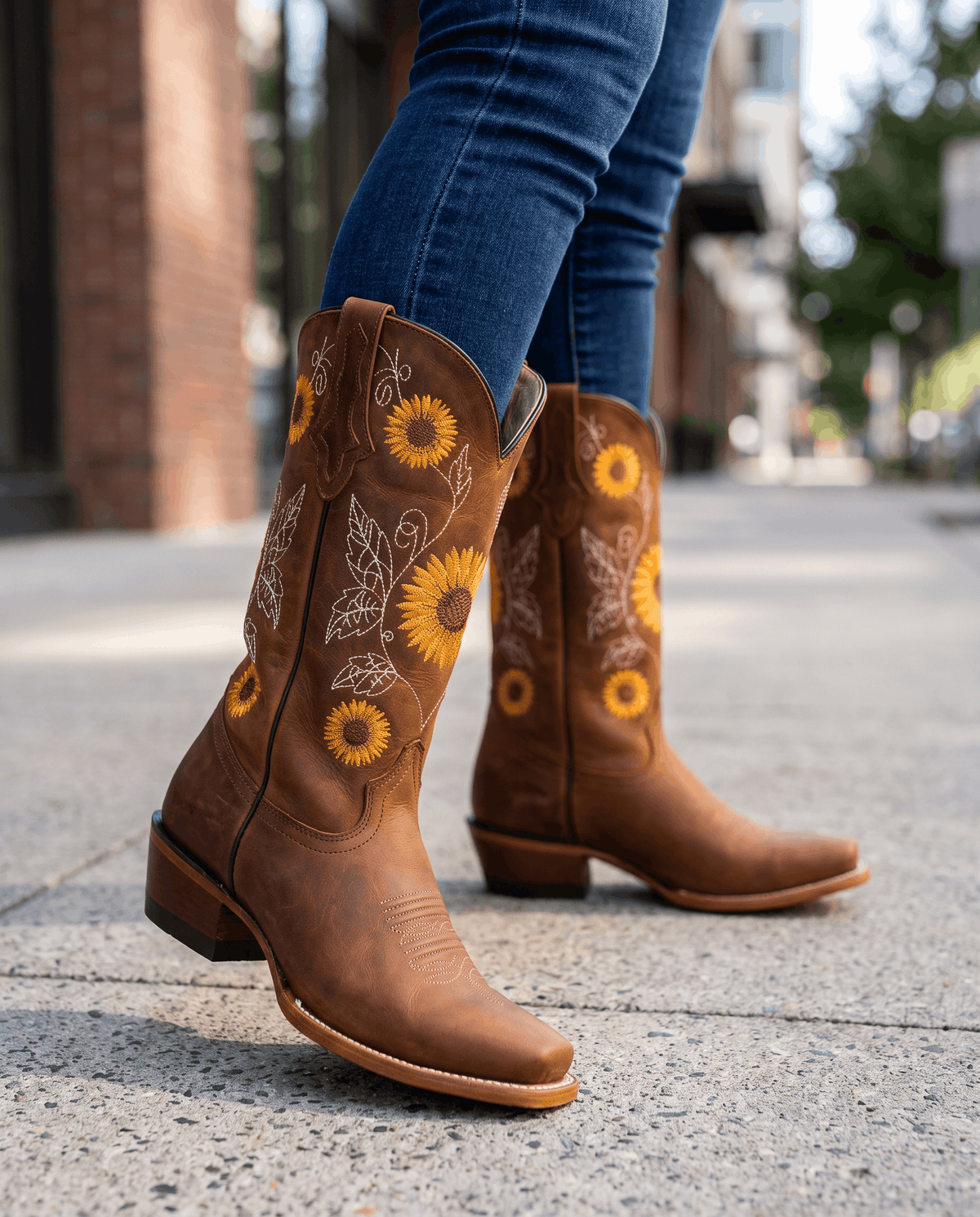 Woman in jeans walking on a city sidewalk in brown cowboy boots