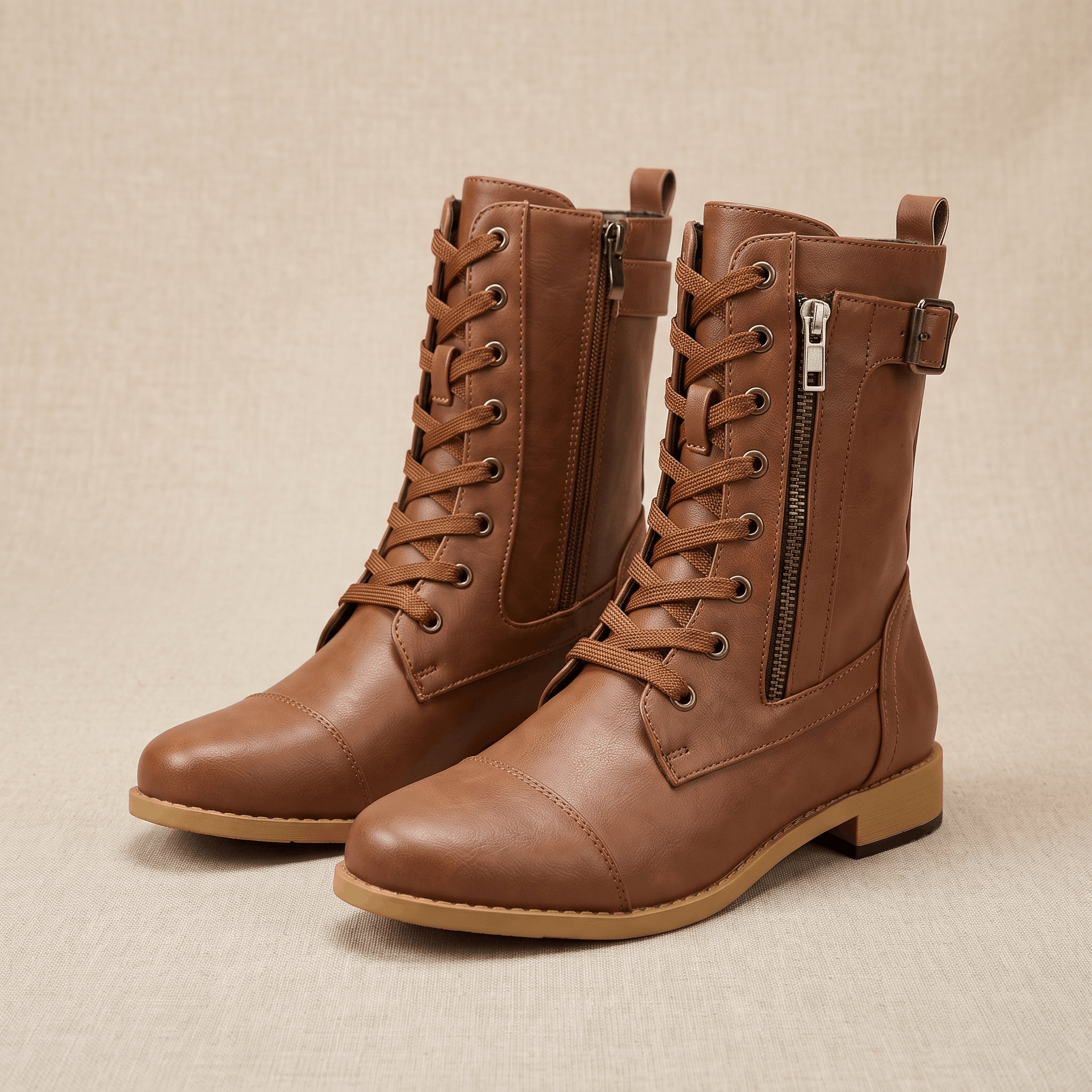 Pair of brown vegan leather lace-up combat boots with side zippers and buckle accents.