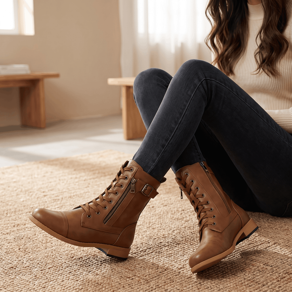 Woman seated wearing brown vegan leather combat boots with dark jeans.
