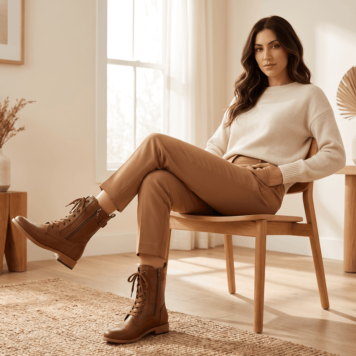 Woman seated on a chair wearing brown vegan leather lace-up combat boots.