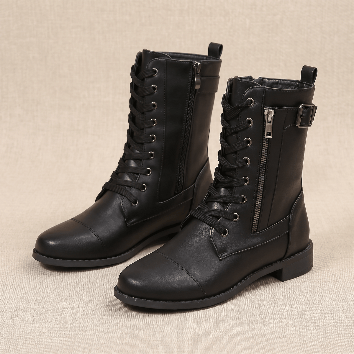 Pair of black vegan leather lace-up combat boots with side zippers.