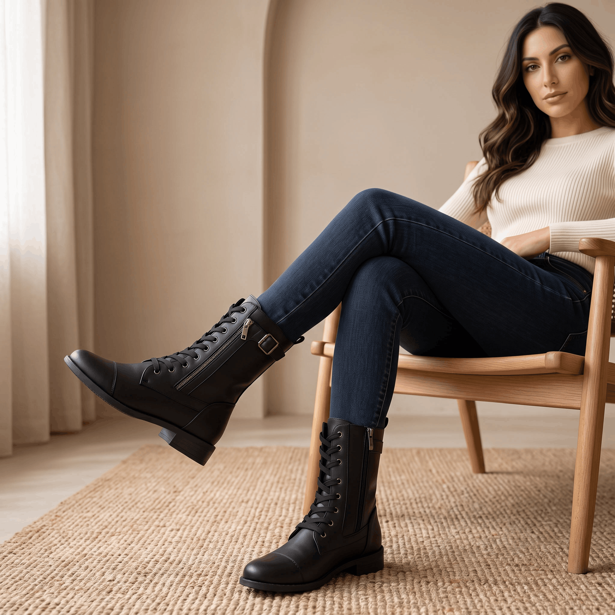 Woman seated wearing black vegan leather combat boots with dark jeans.