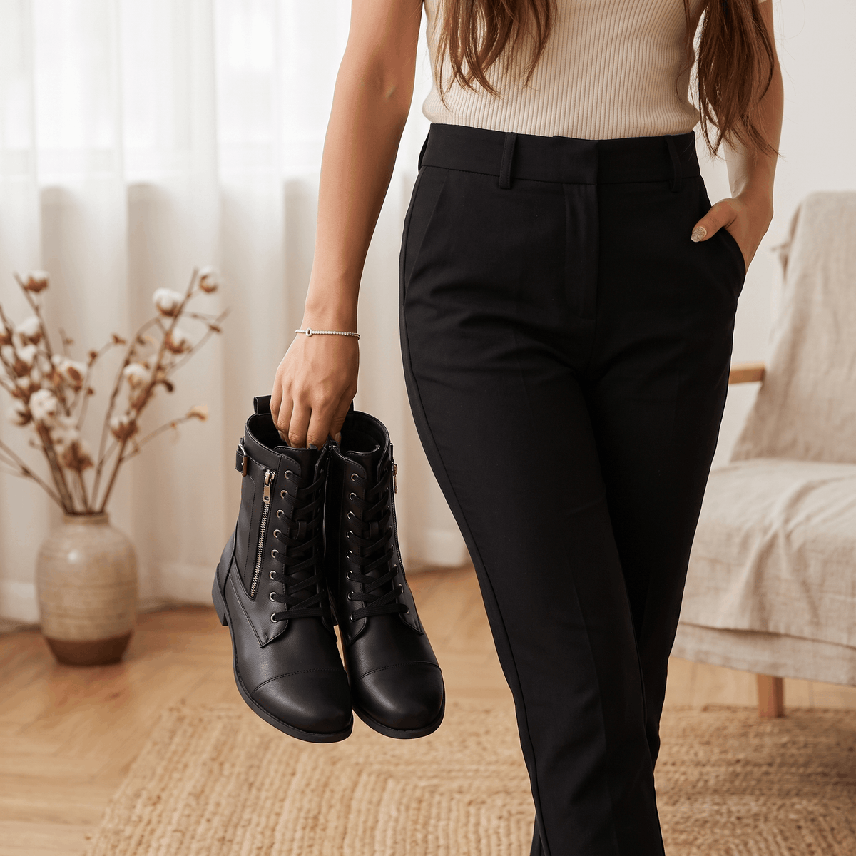 Woman standing indoors holding a pair of black vegan leather combat boots.
