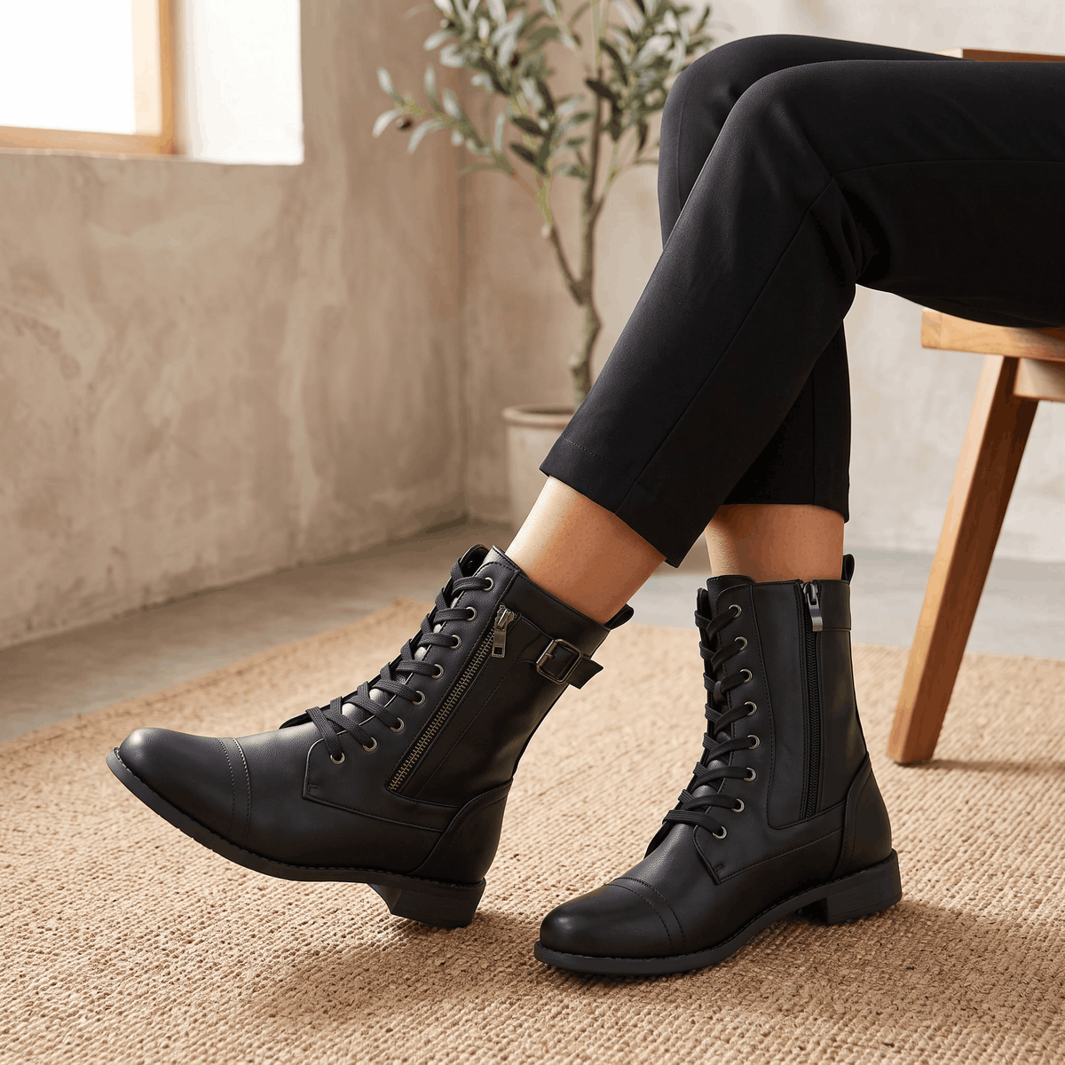 Close-up of black vegan leather combat boots worn with dark trousers.
