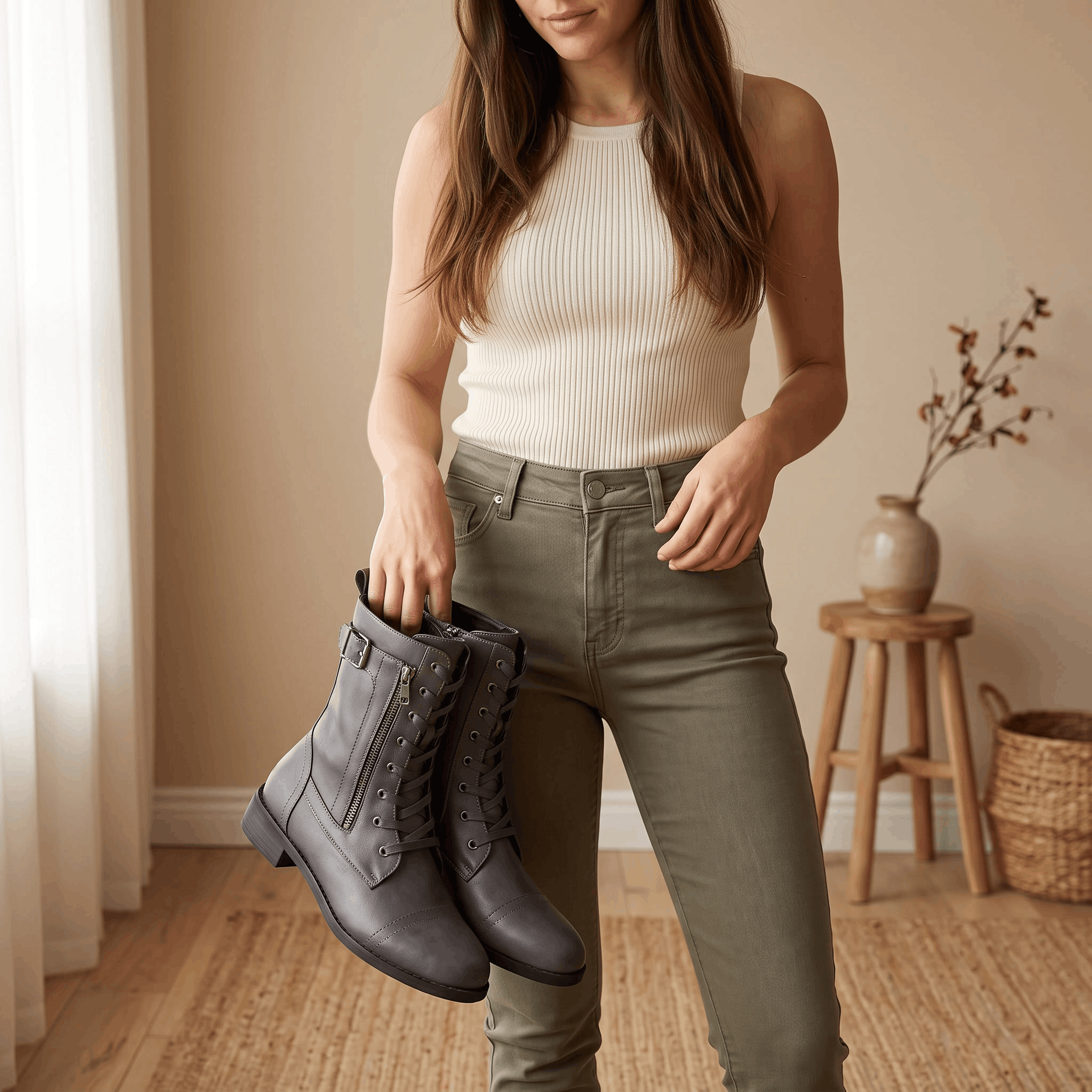 Woman standing indoors holding gray vegan leather combat boots.