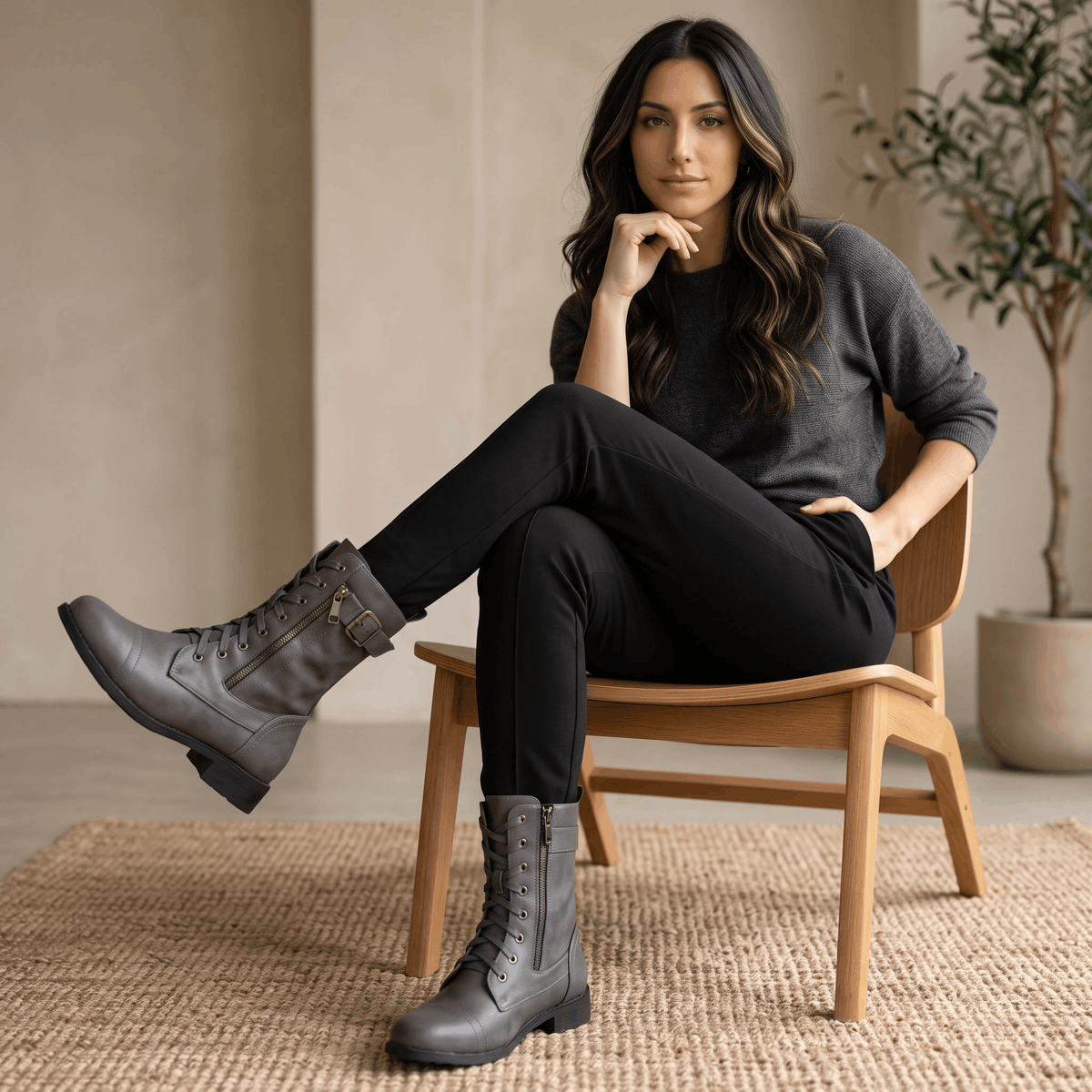Woman seated on a chair wearing gray vegan leather combat boots.