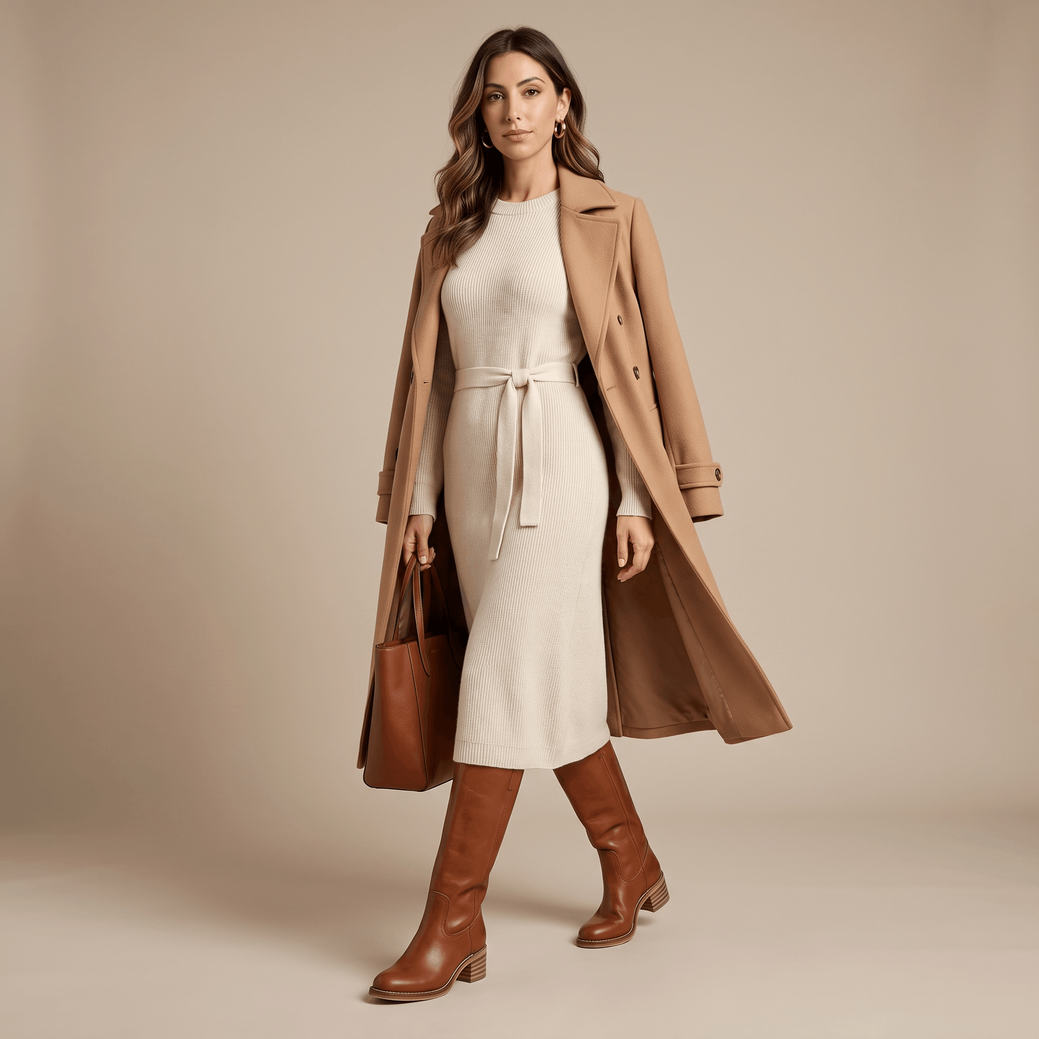 Woman wearing dark brown vegan leather knee-high riding boots with a long beige coat.