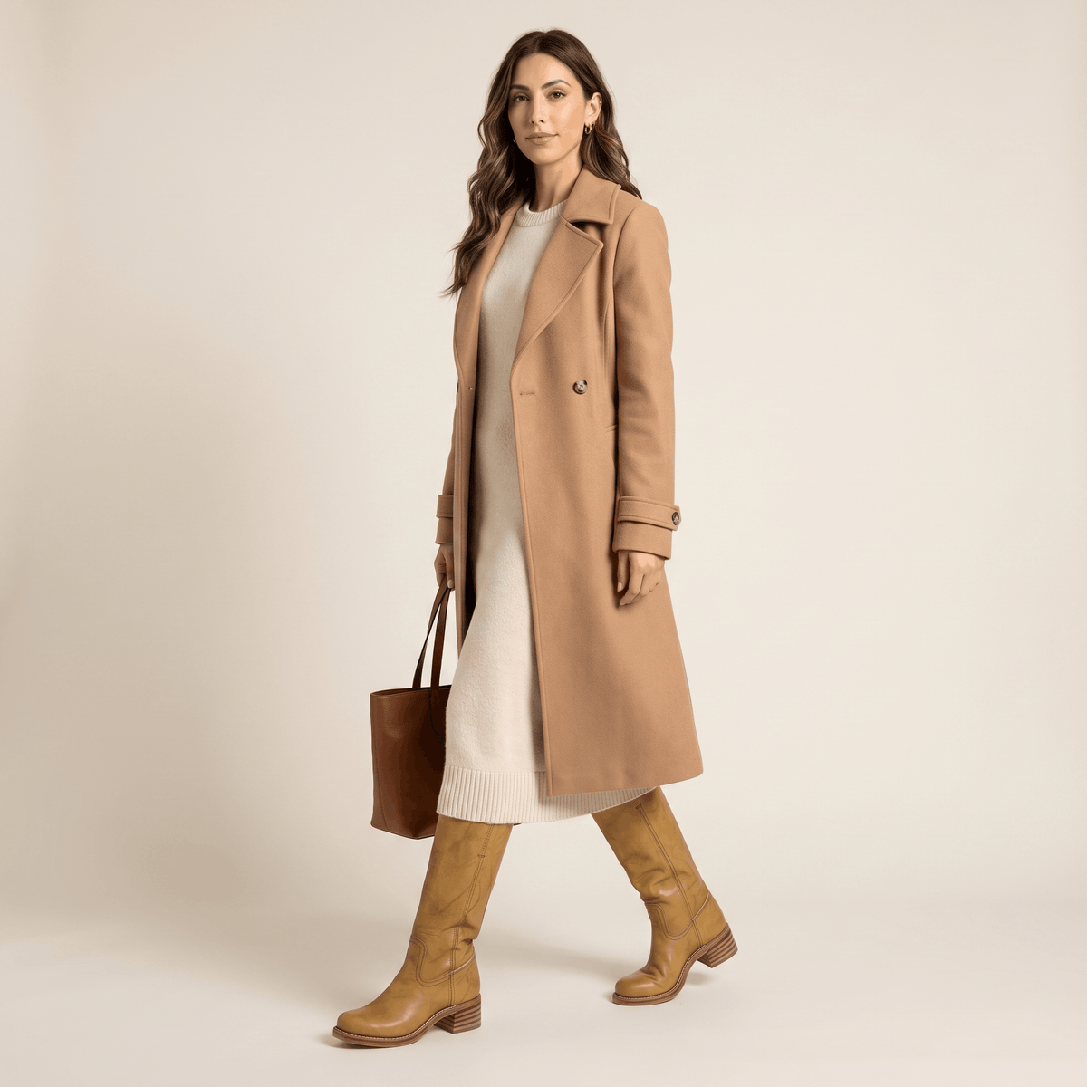 Woman wearing tan vegan leather knee-high riding boots with a long beige coat.