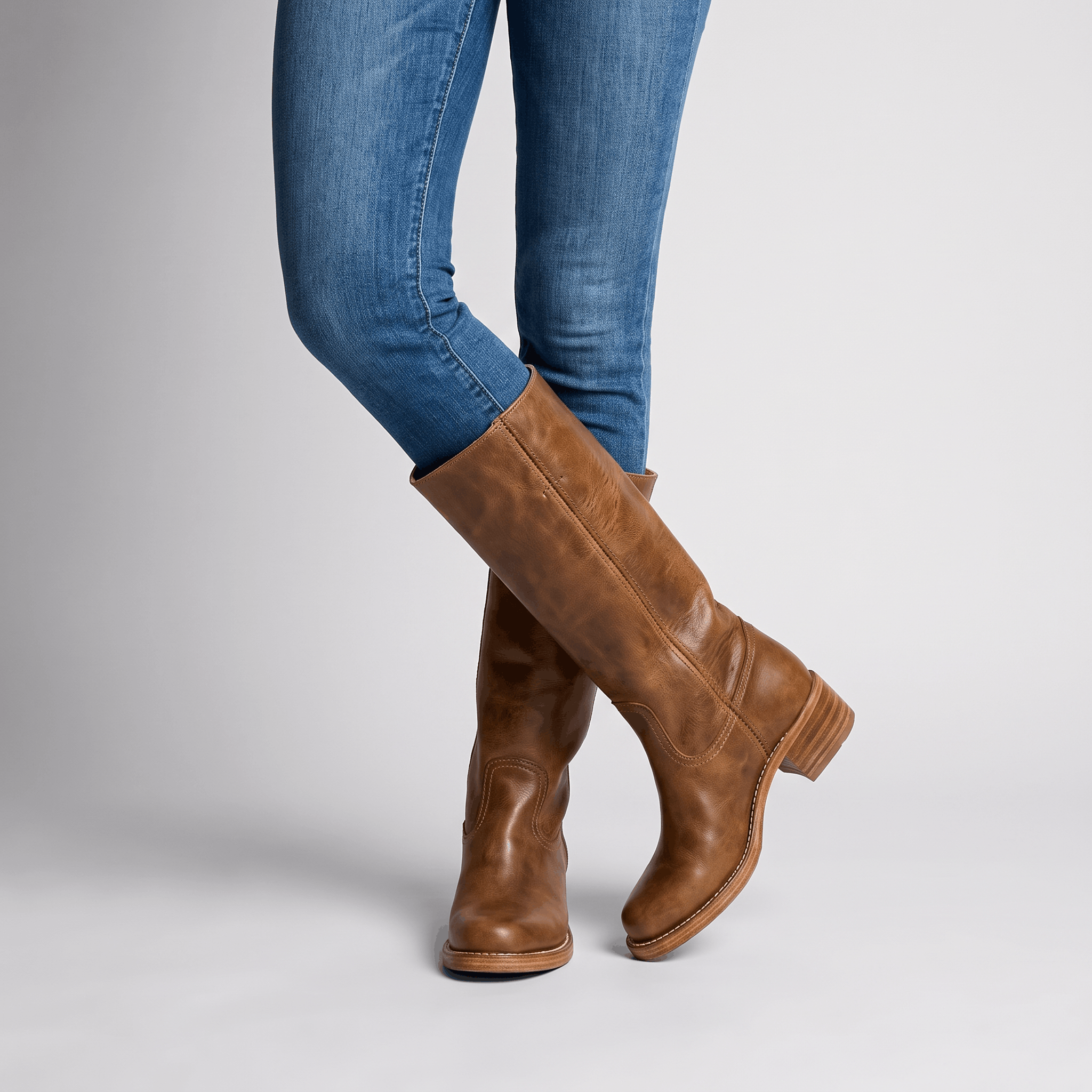 Woman wearing brown vegan leather knee-high boots with blue jeans.