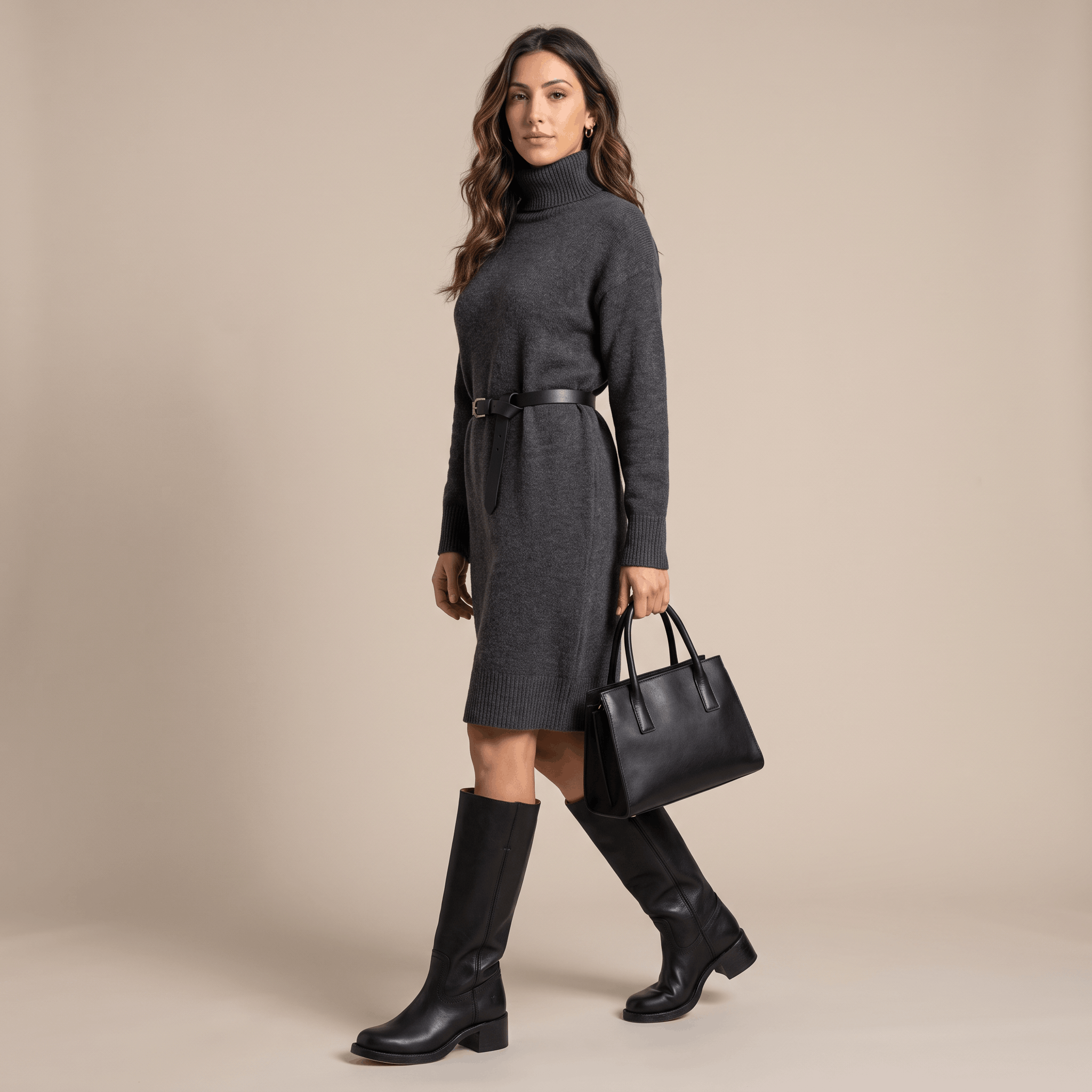 Woman wearing dark brown vegan leather knee-high riding boots with a grey coat.
