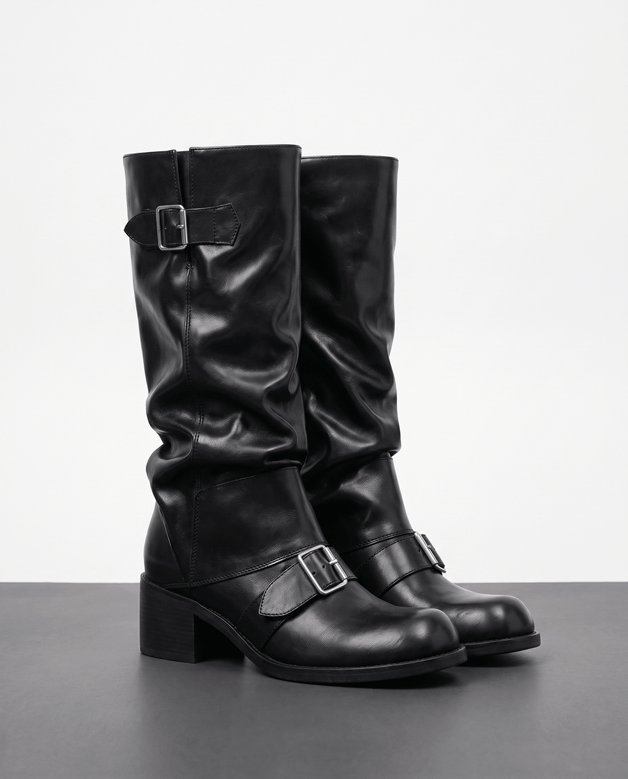 Vegan Leather Mid-Calf Slouch Boots for Women – Buckle Straps & Block Heel | Isolde