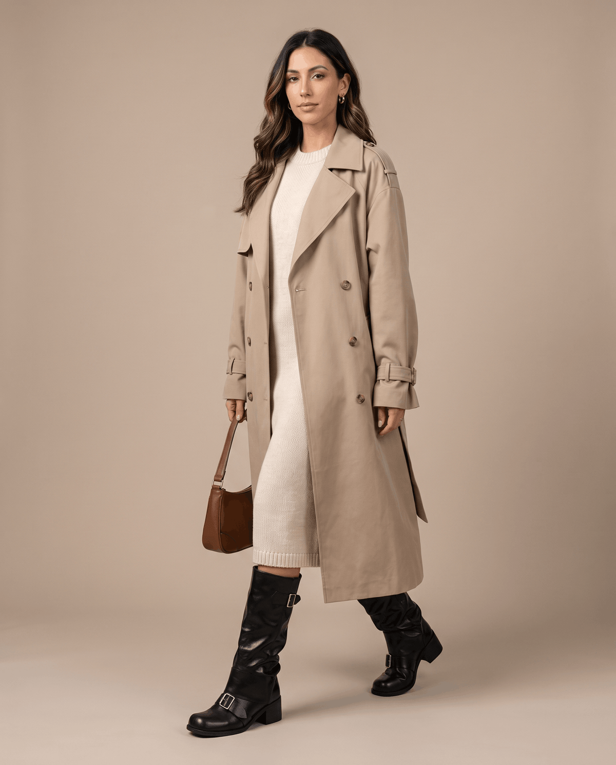 Black vegan leather mid-calf boots with double buckle straps, a ruched slouch shaft, and a stacked block heel.