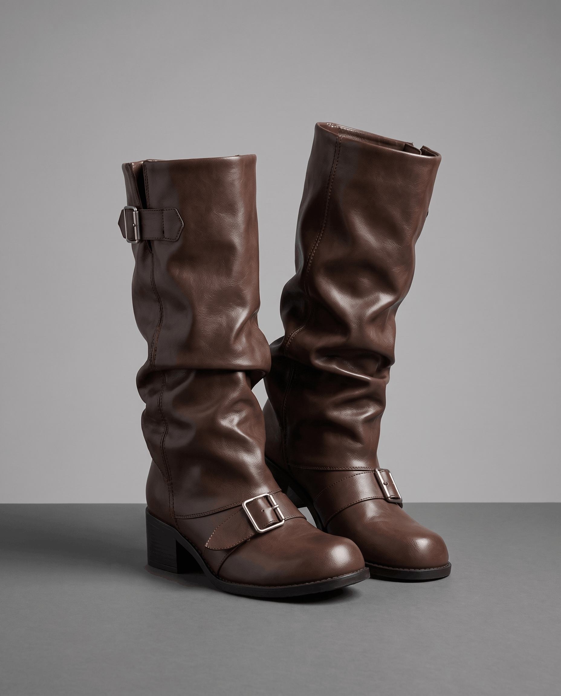 Brown vegan leather mid-calf boots with a ruched slouch shaft, stacked block heels, and double buckle strap detailing.