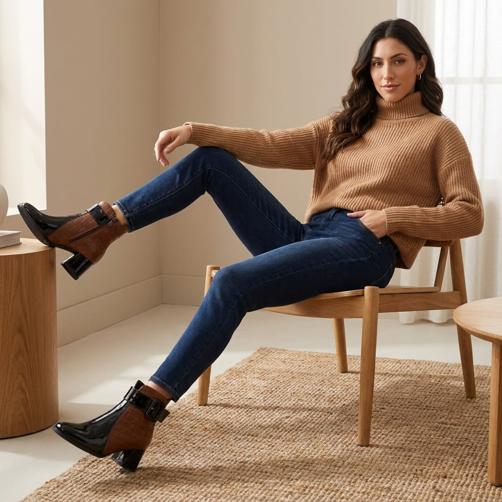 Woman wearing black square-toe vegan leather ankle boots with blue jeans while seated on a chair.