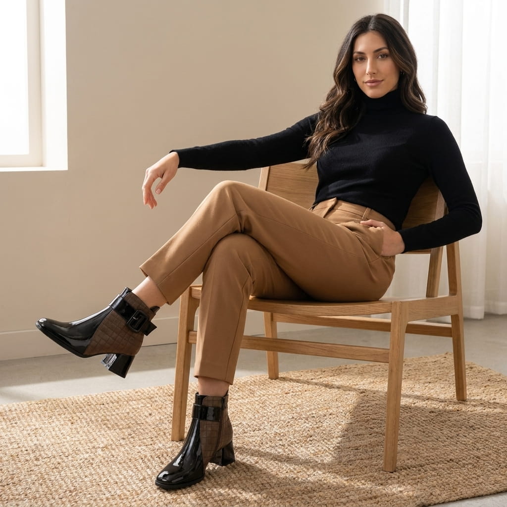 Woman wearing black square-toe vegan leather ankle boots with block heels and black leggings while seated indoors.