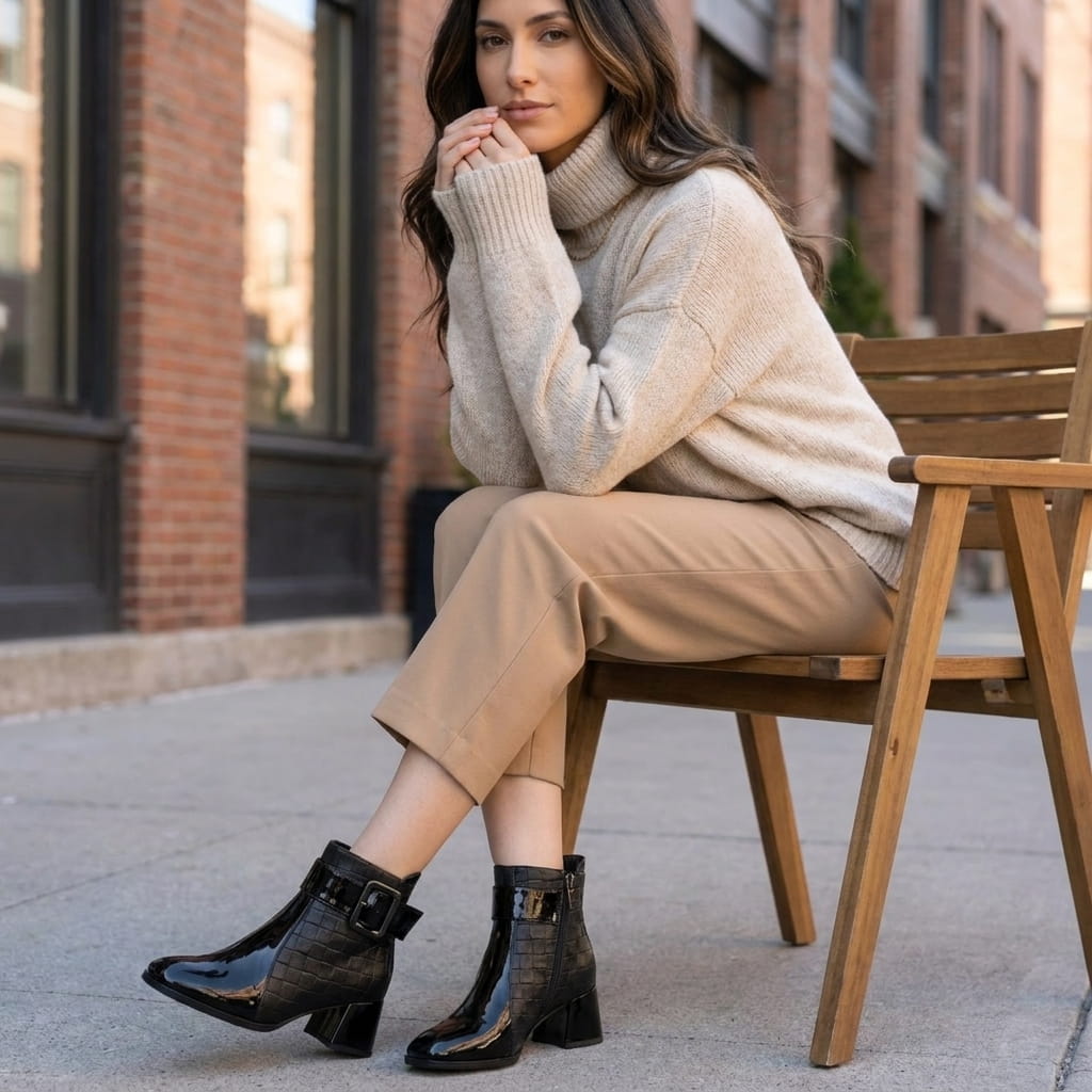 Woman wearing black square-toe vegan leather ankle boots with beige pants while seated outdoors.