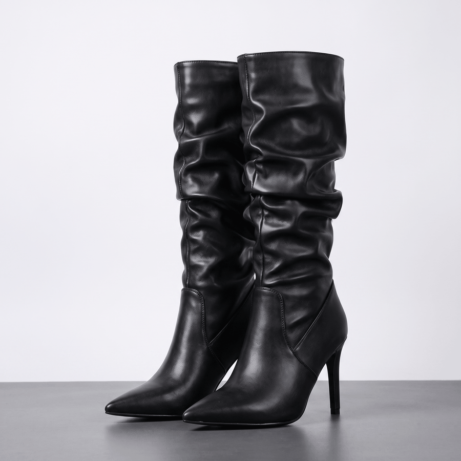 Vegan Leather Stiletto Knee-High Boots for Women – Slouch Fit & Pointed-Toe | Martha