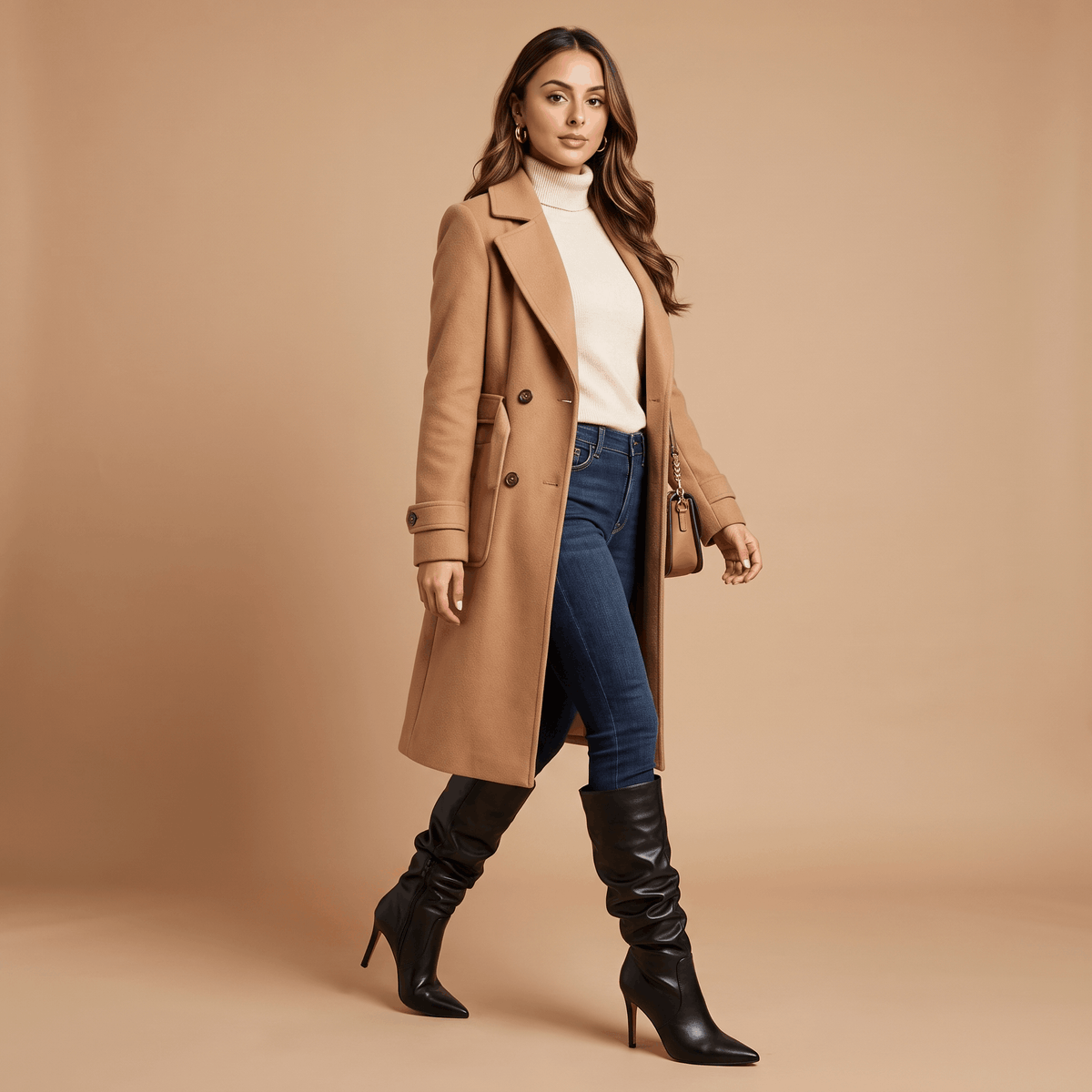 Black vegan leather stiletto knee-high boots with a ruched, slouchy shaft and pointed toe worn with dark denim.