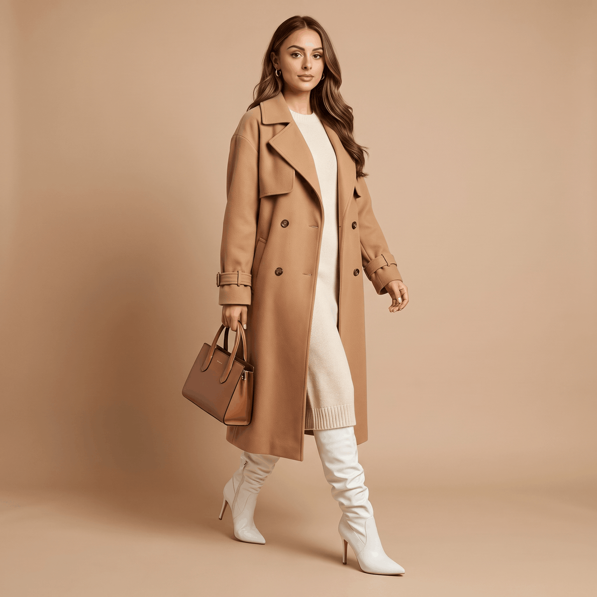 White vegan leather stiletto knee-high boots with a ruched slouch shaft and pointed toe worn with a tan trench coat.