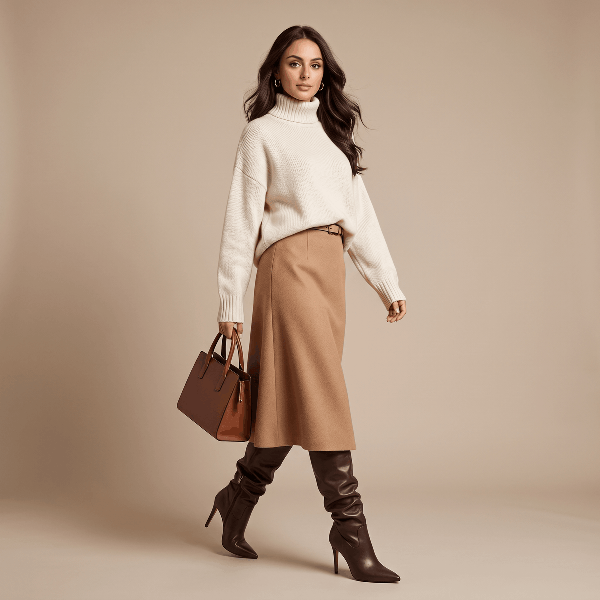 Brown vegan leather stiletto knee-high boots with a ruched slouch shaft and pointed toe worn with a midi skirt.