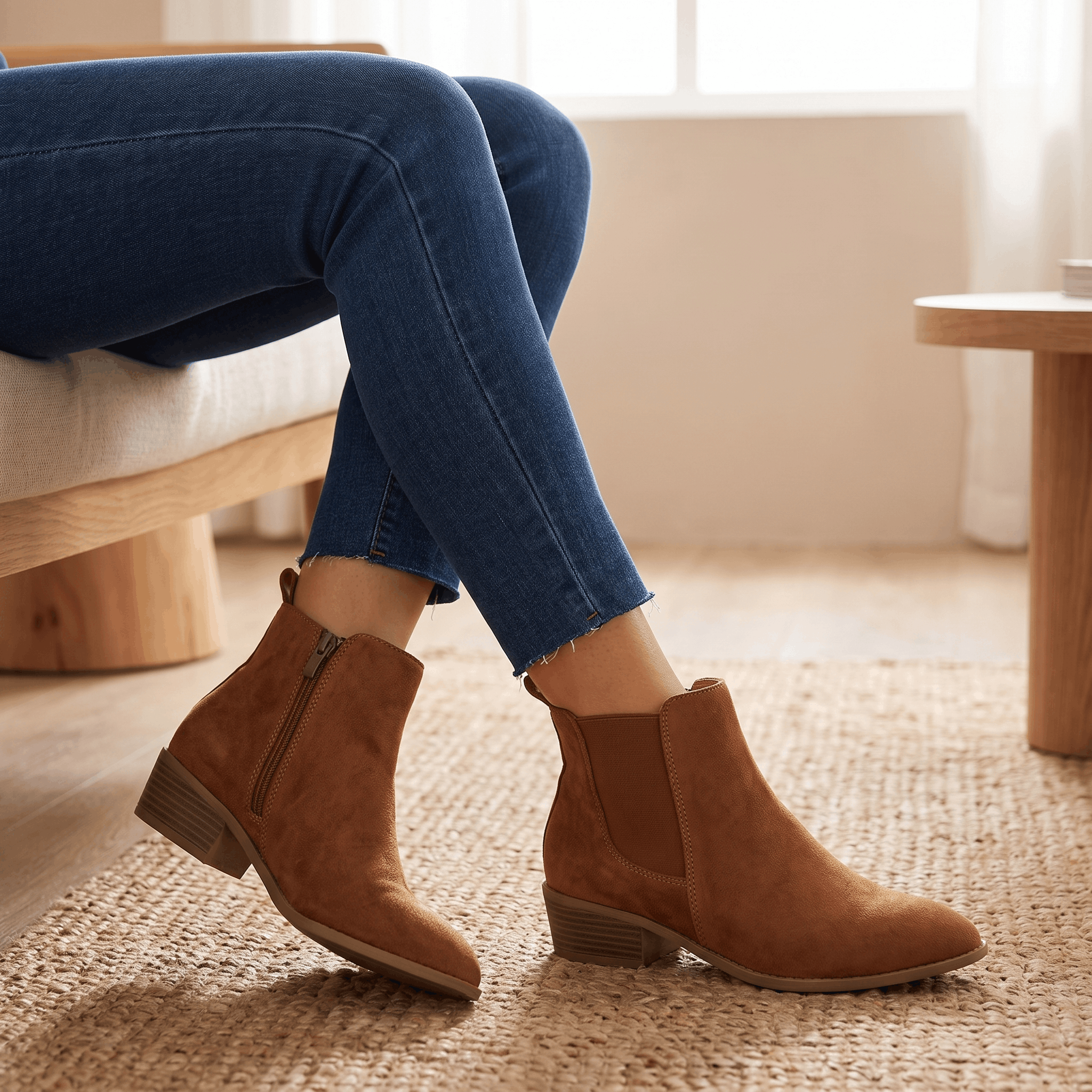 Woman wearing brown vegan suede Chelsea boots with blue jeans in a cozy indoor setting.