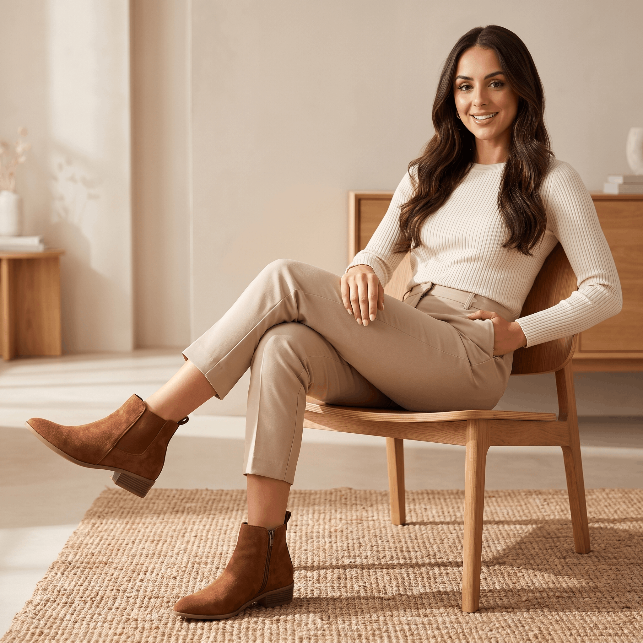 Woman seated on a chair wearing brown vegan suede Chelsea boots.