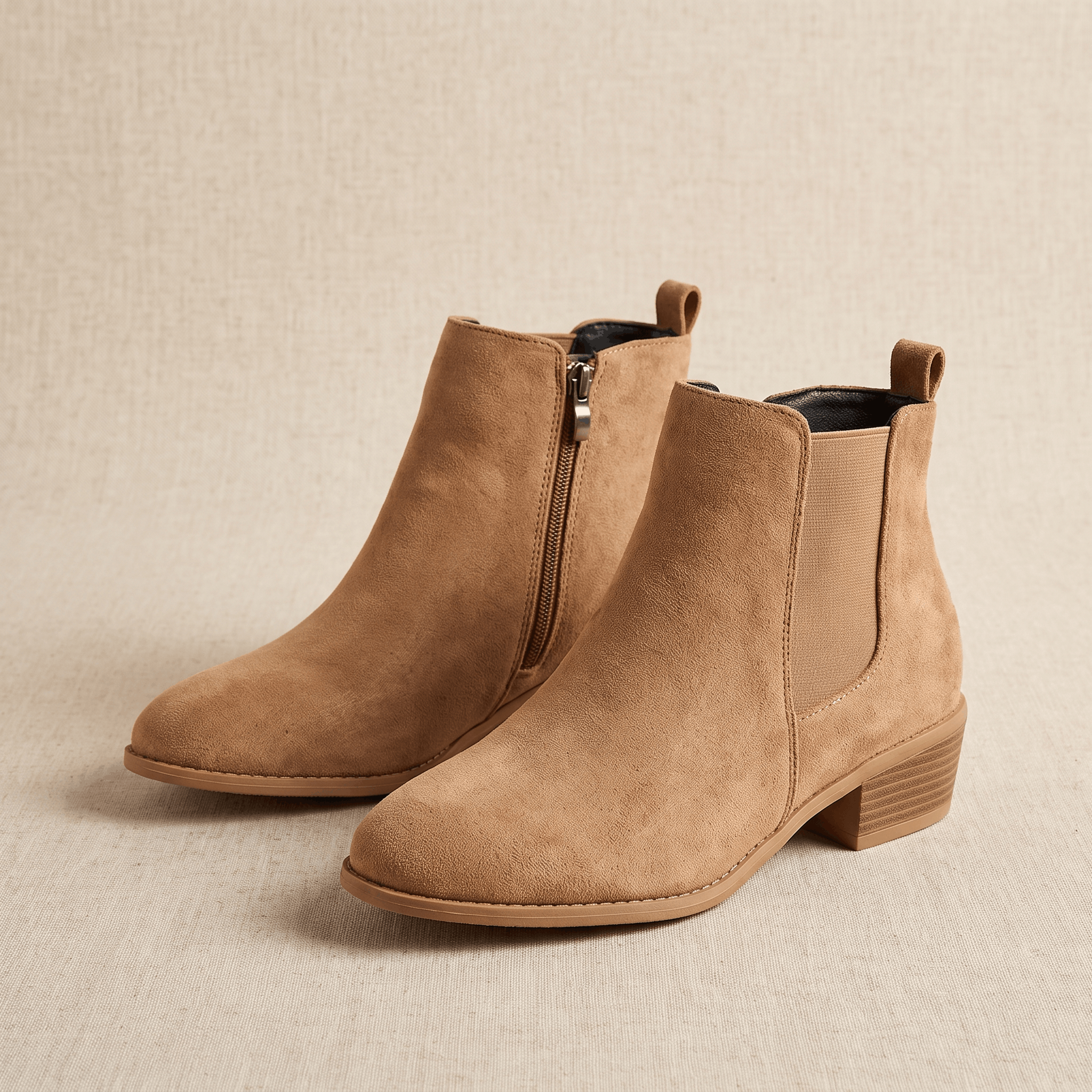 Pair of beige vegan suede Chelsea boots on a neutral background.