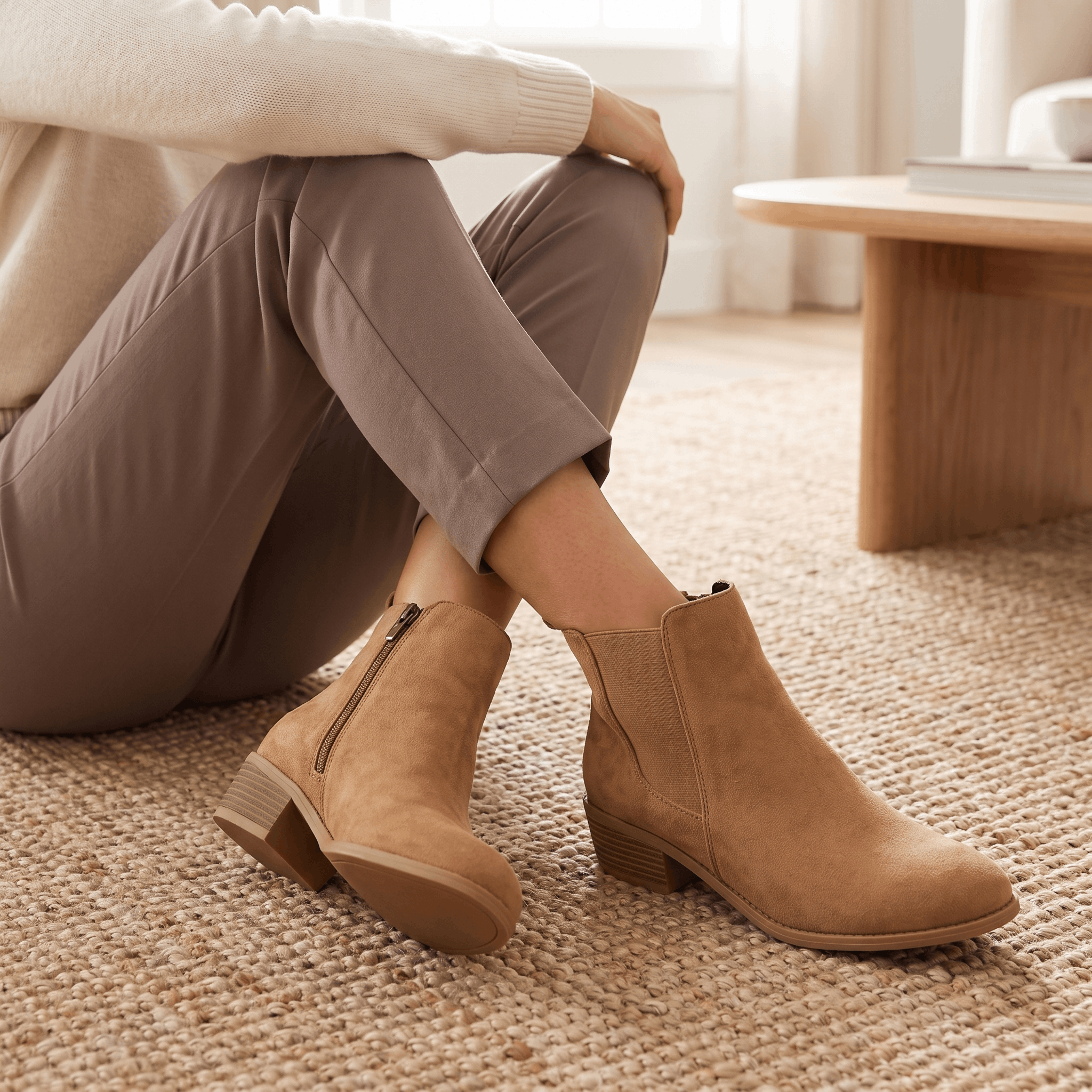 Woman wearing beige vegan suede Chelsea boots while seated indoors.