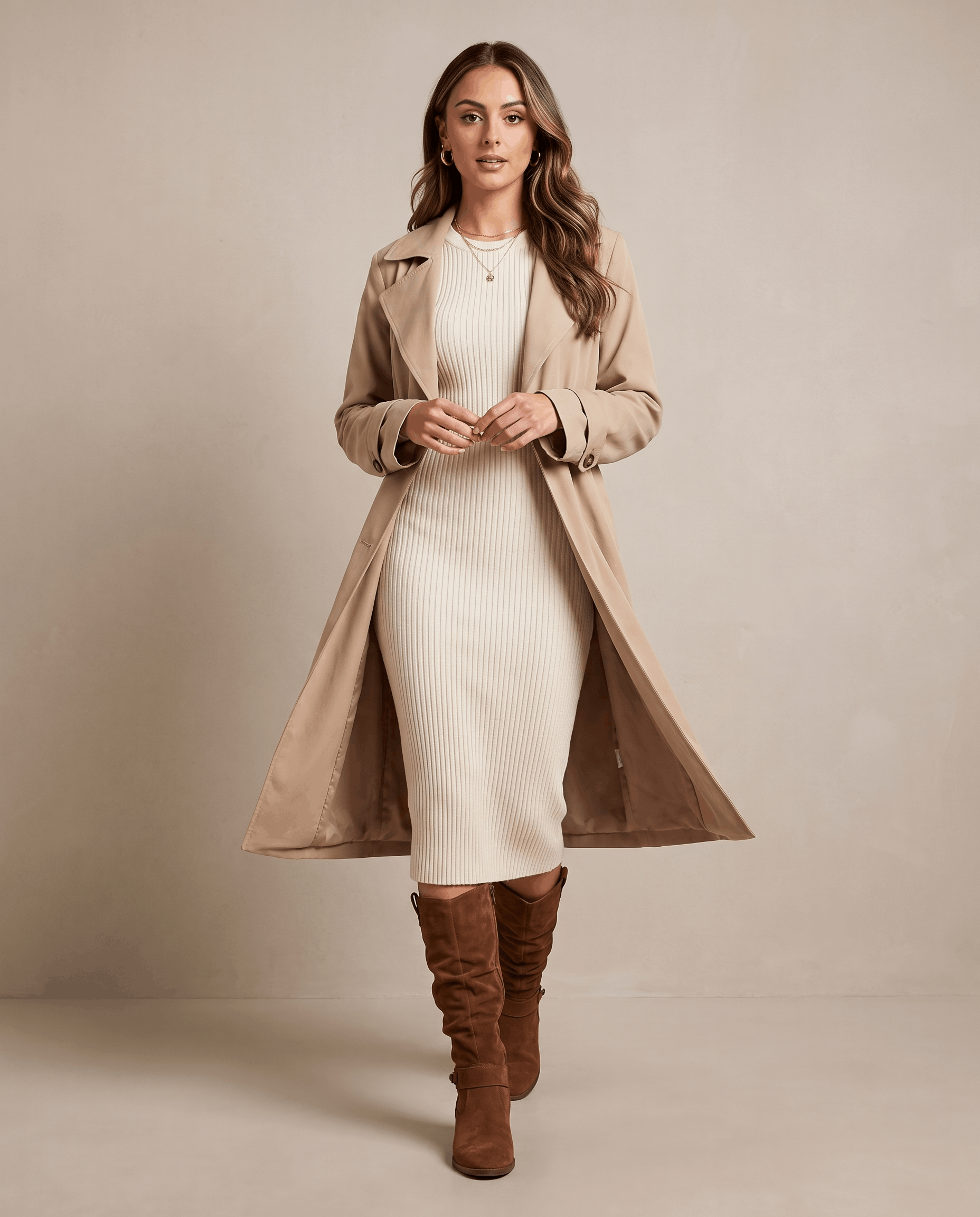 Woman wearing dark brown vegan suede knee-high slouch boots with a long beige coat.