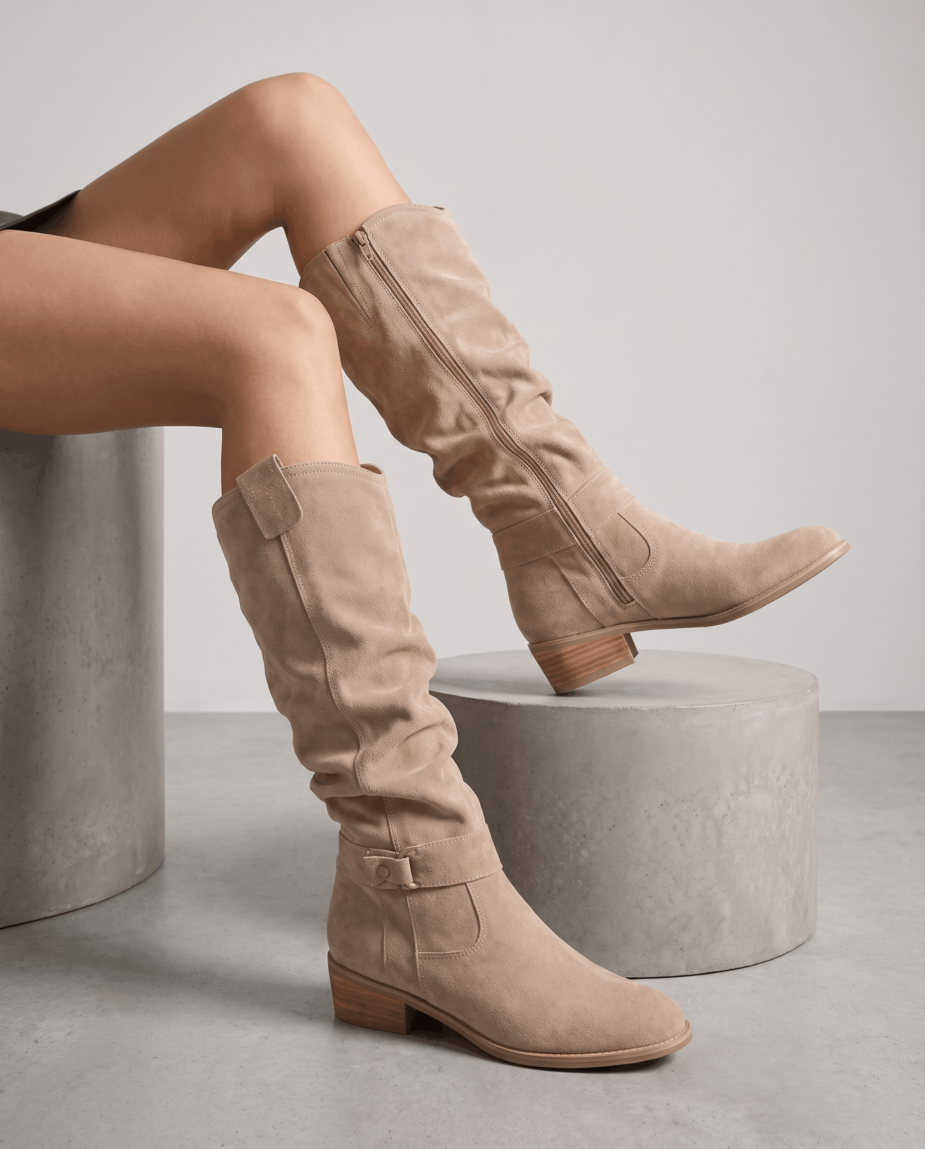 Woman seated on concrete plinths wearing beige vegan suede knee-high boots with a full side zip.