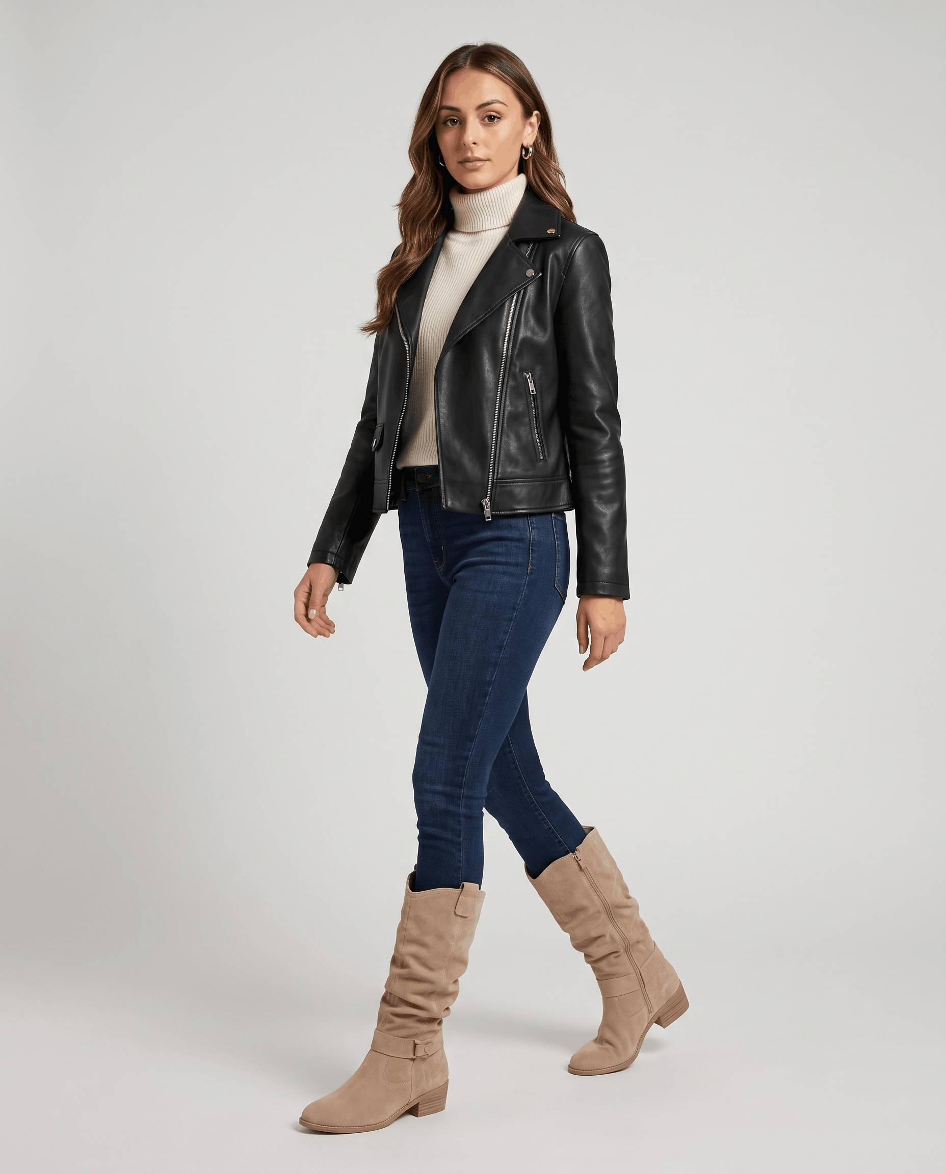 Woman wearing beige vegan suede knee-high boots with a black biker jacket, cream turtleneck, and blue jeans.